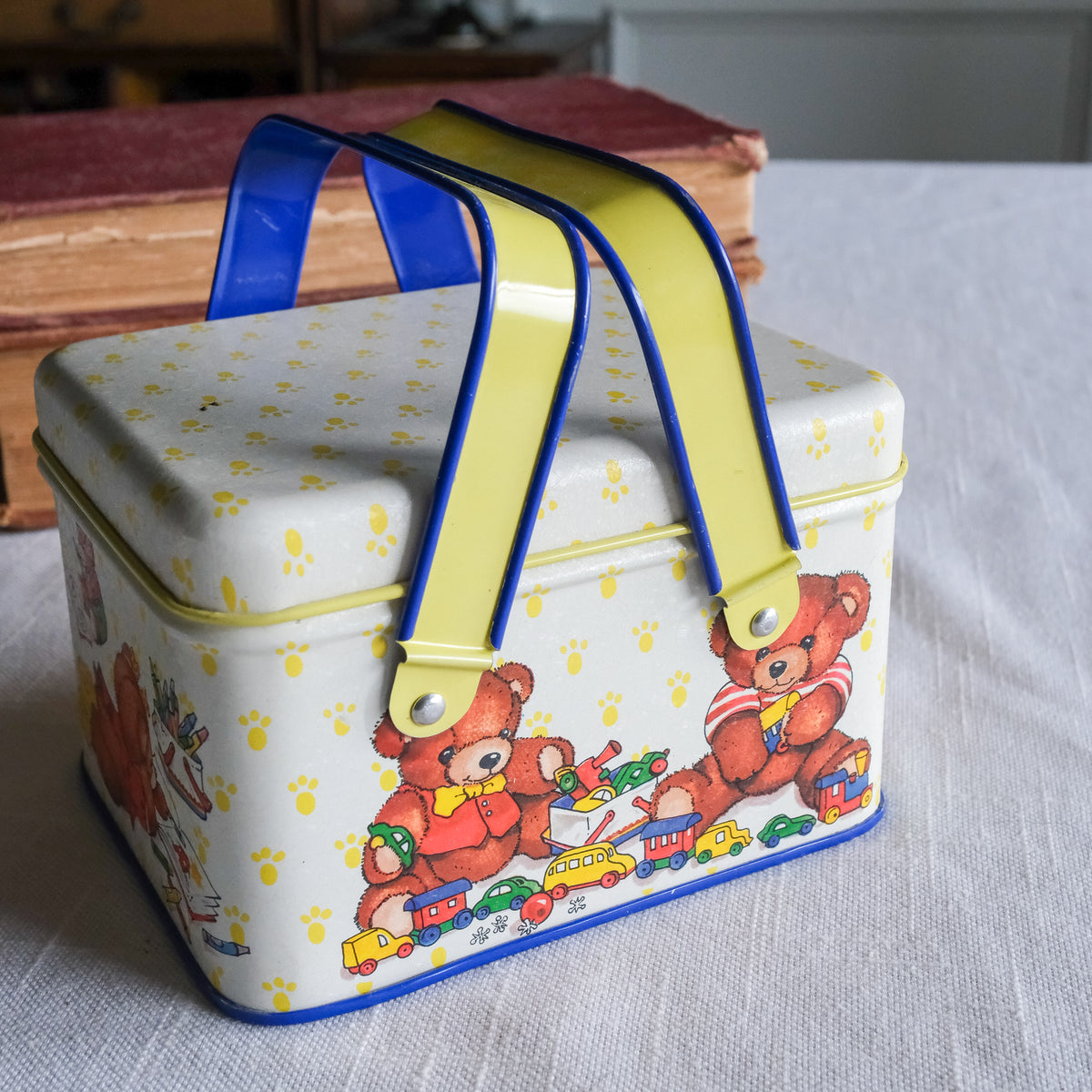 Beary Precious Potpourri Press Children's Tin Box Dual Yellow & Blue Teddy Bear Illustration