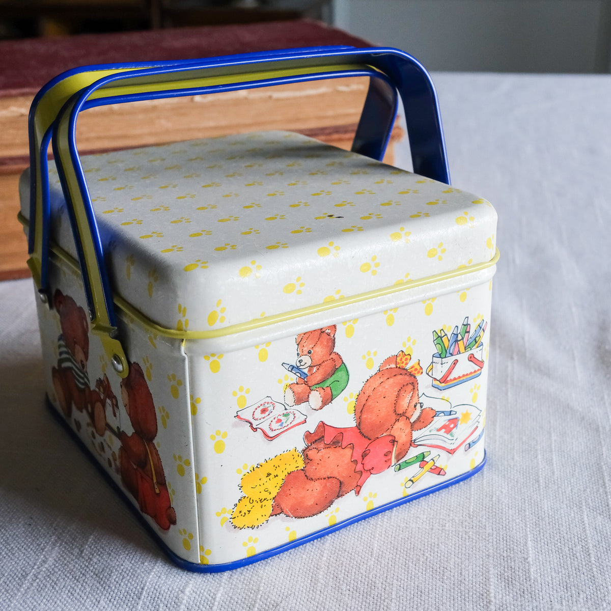 Beary Precious Potpourri Press Children's Tin Box Dual Yellow & Blue Teddy Bear Illustration