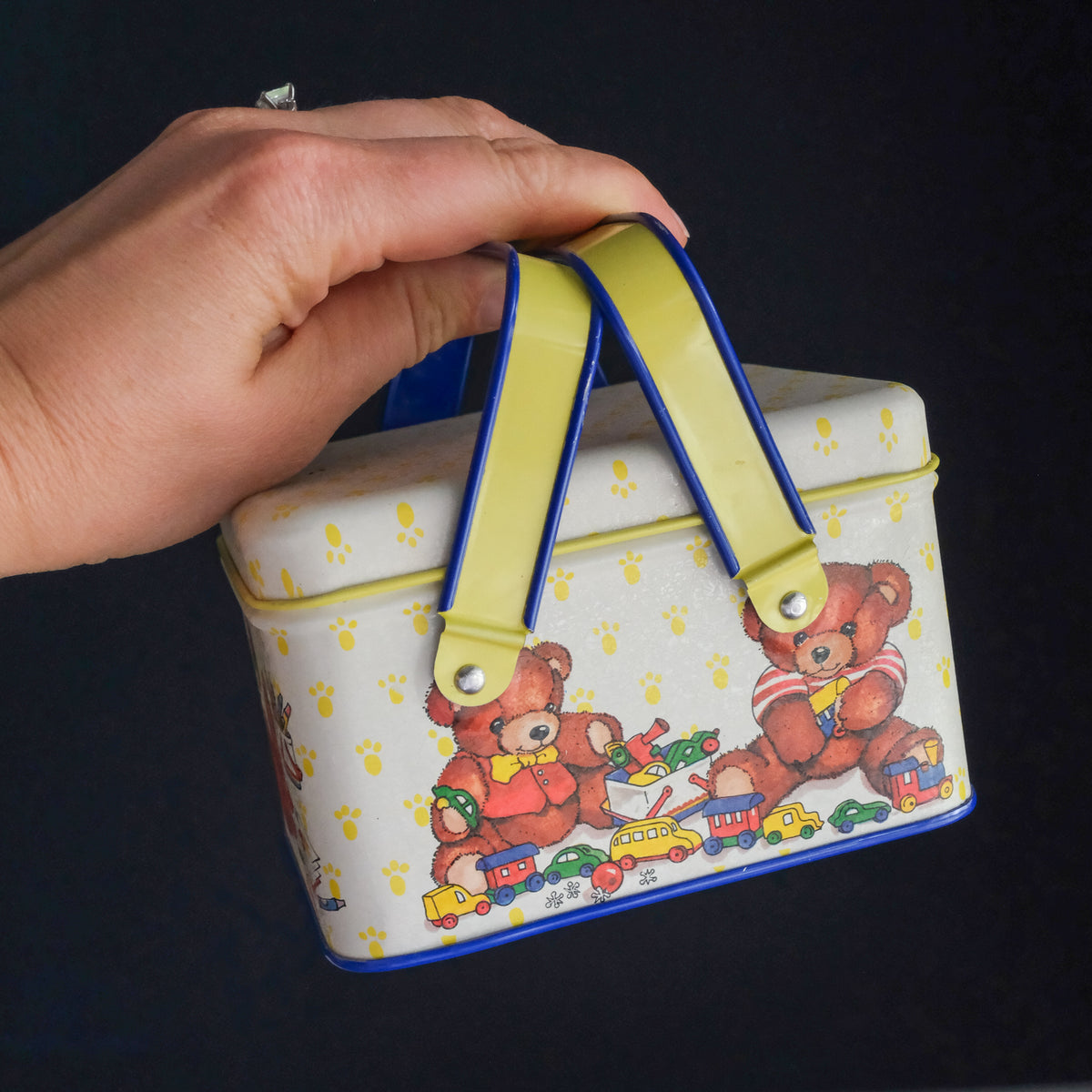 Beary Precious Potpourri Press Children's Tin Box Dual Yellow & Blue Teddy Bear Illustration