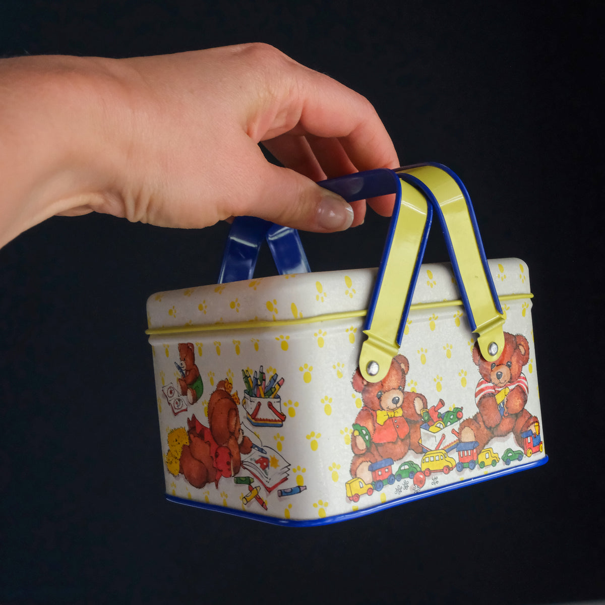 Beary Precious Potpourri Press Children's Tin Box Dual Yellow & Blue Teddy Bear Illustration