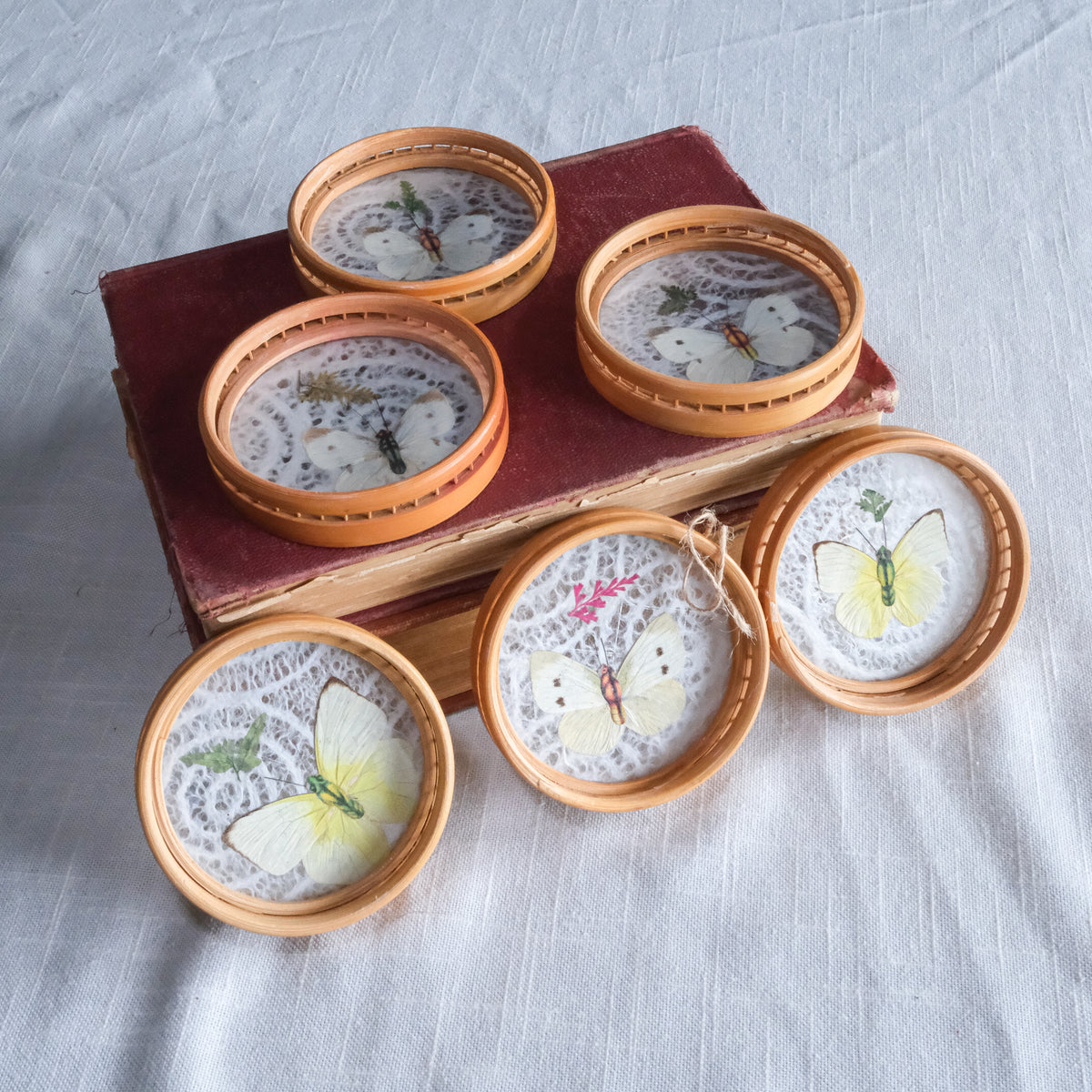 Vintage Pressed Butterfly Lace Wooden Coasters Bamboo Wicker Set of 6