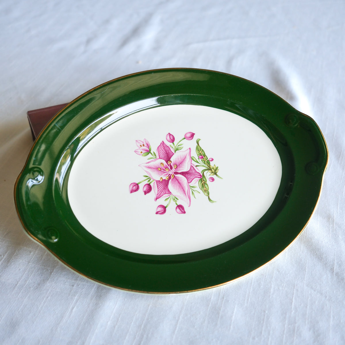 Vintage "Appalachian Heirloom" Oval Serving Platter Hunter Green Gold Edged Bonnie Pattern - Taylor, Smith, & Taylor Pottery Company 11.5x8.5