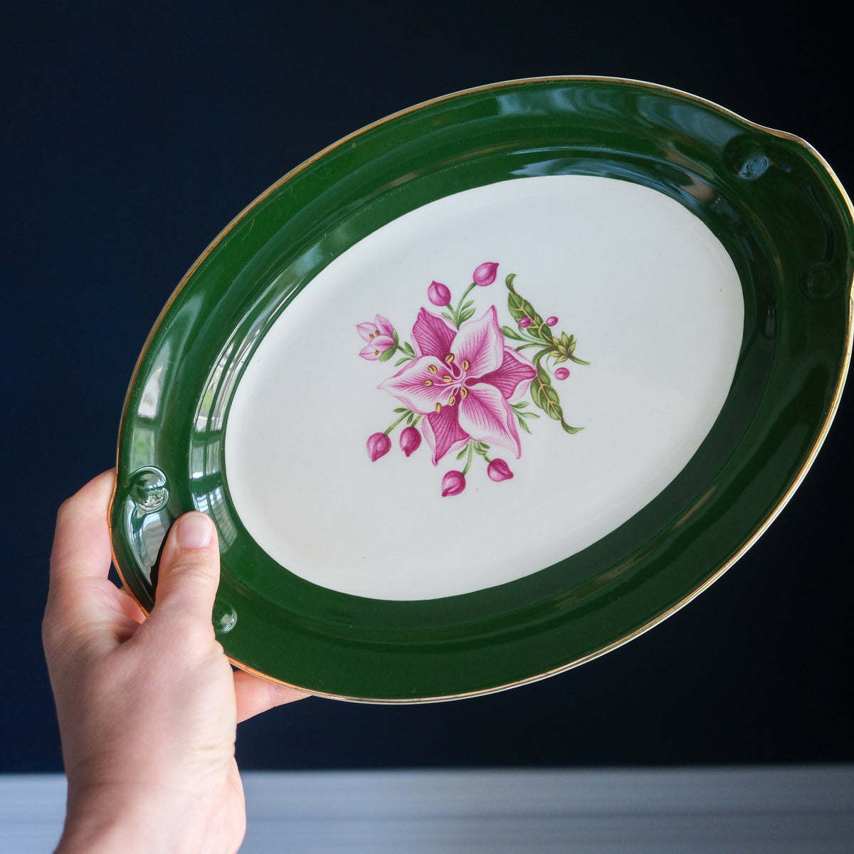 Vintage "Appalachian Heirloom" Oval Serving Platter Hunter Green Gold Edged Bonnie Pattern - Taylor, Smith, & Taylor Pottery Company 11.5x8.5