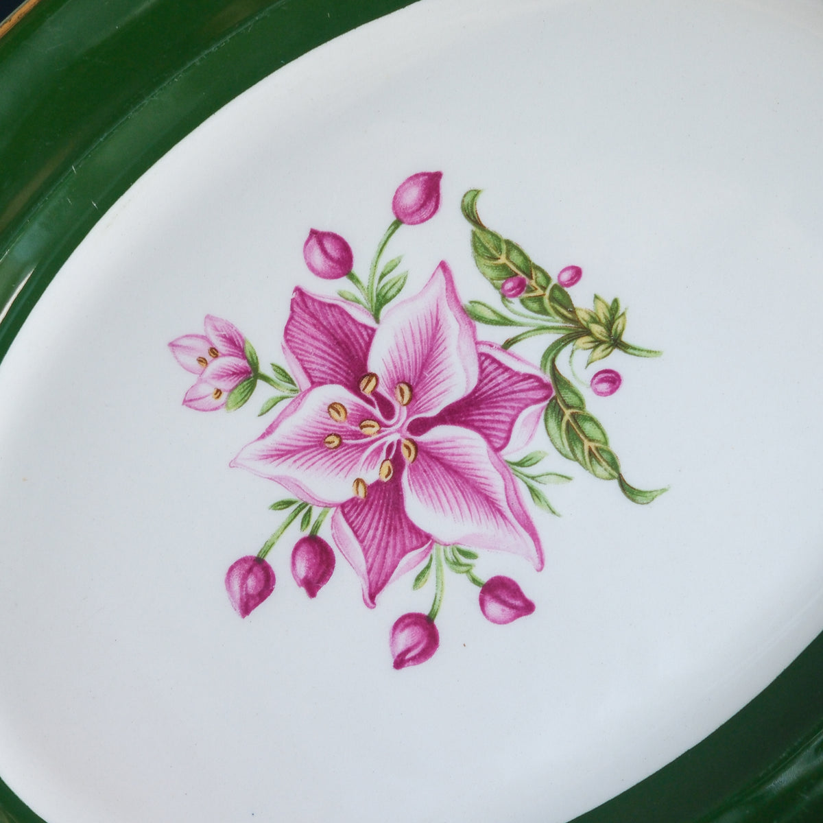 Vintage "Appalachian Heirloom" Oval Serving Platter Hunter Green Gold Edged Bonnie Pattern - Taylor, Smith, & Taylor Pottery Company 11.5x8.5
