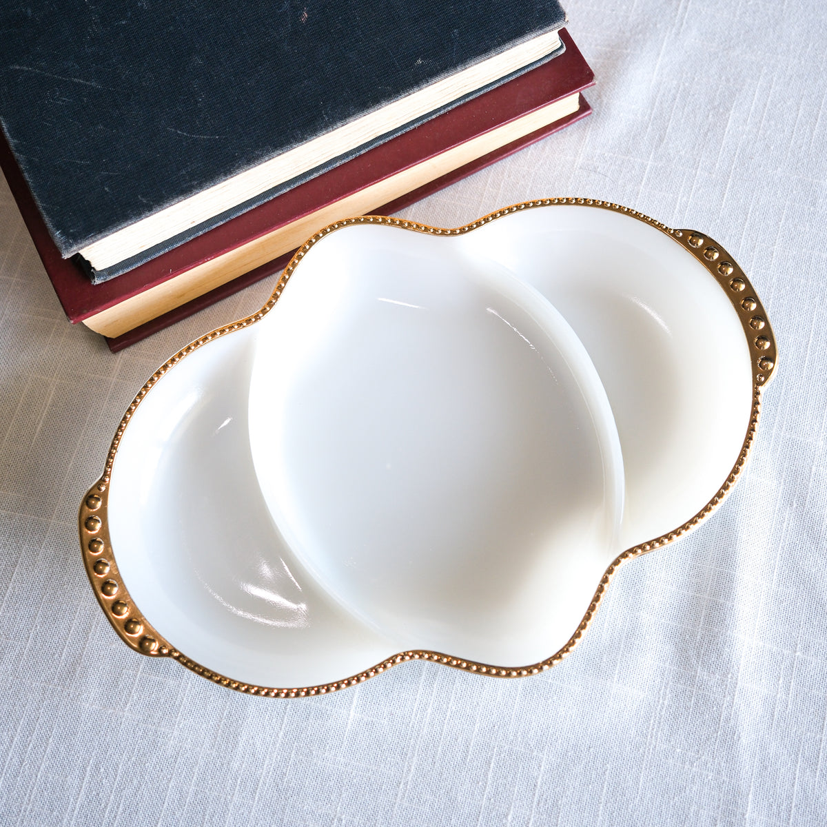 Vintage Anchor Hocking Fire-King Milk Glass Divided Relish Tray with Gold Beaded Rim