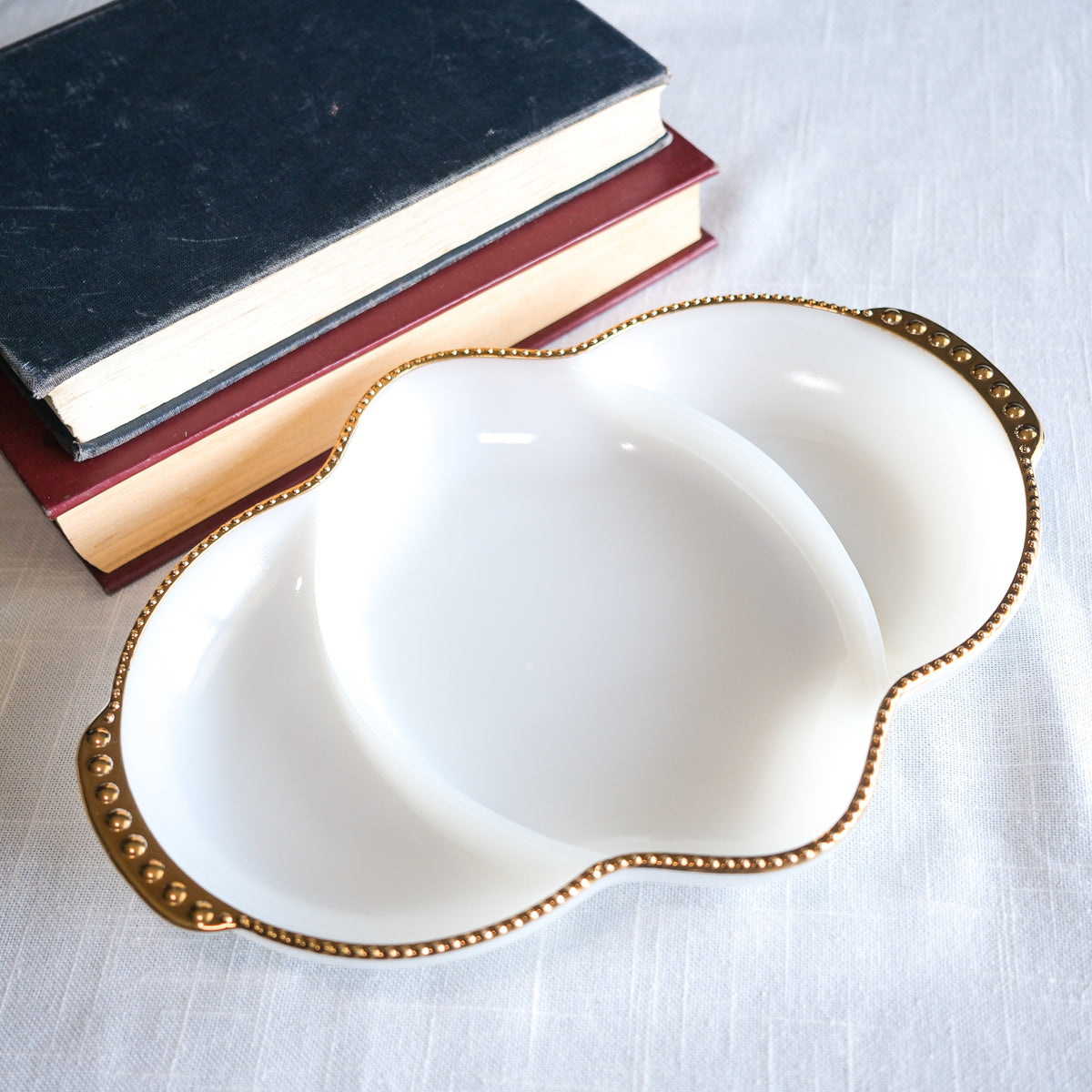 Vintage Anchor Hocking Fire-King Milk Glass Divided Relish Tray with Gold Beaded Rim