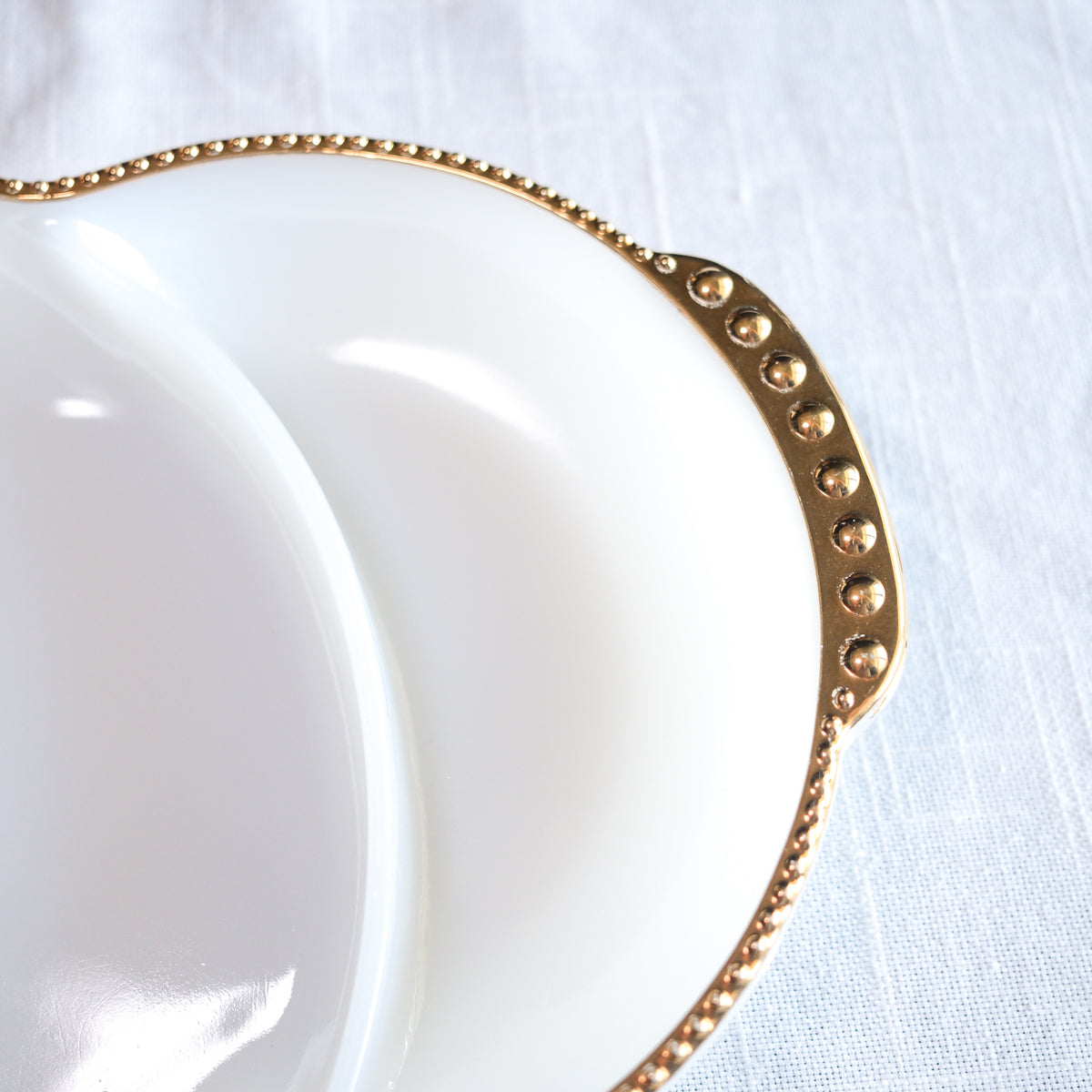 Vintage Anchor Hocking Fire-King Milk Glass Divided Relish Tray with Gold Beaded Rim