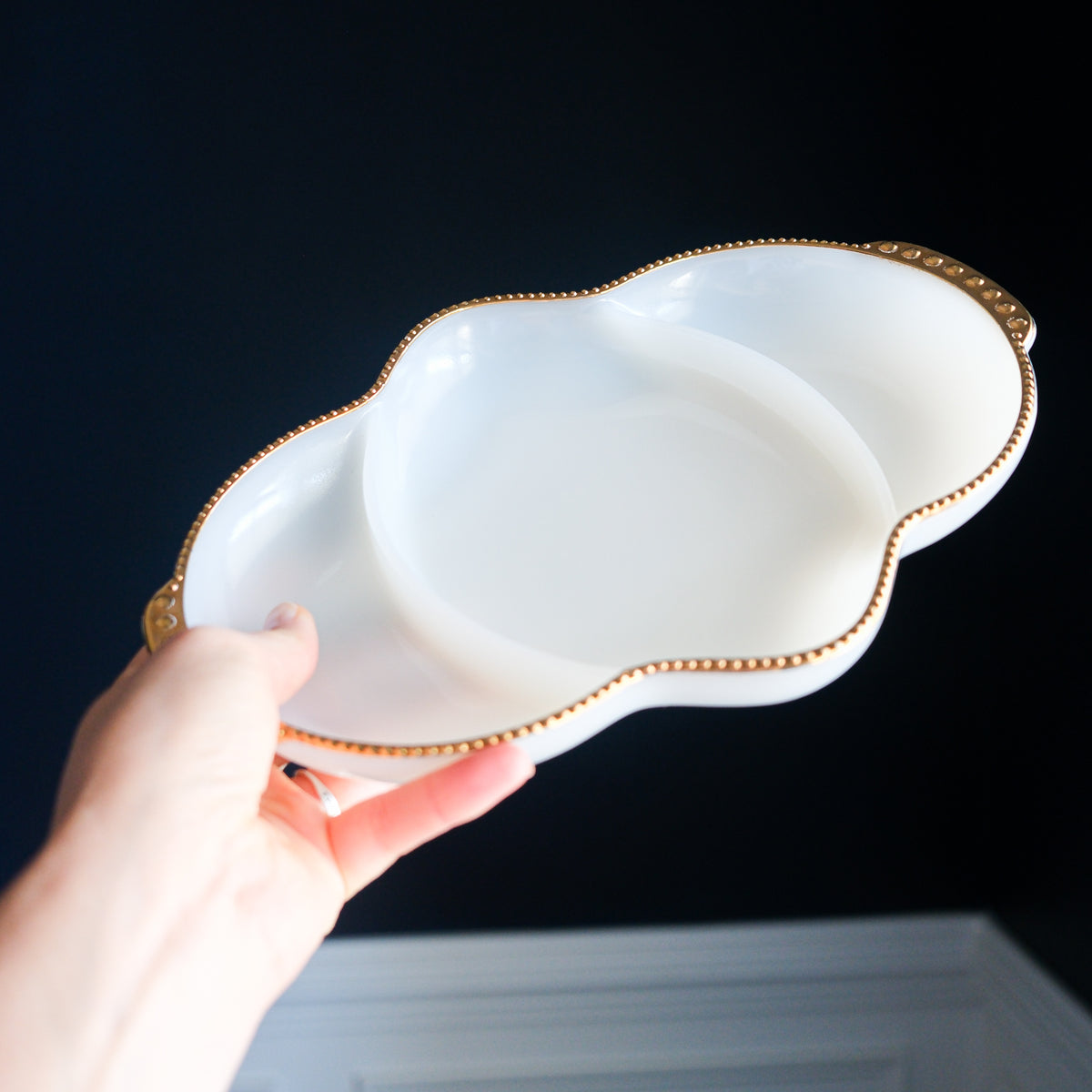 Vintage Anchor Hocking Fire-King Milk Glass Divided Relish Tray with Gold Beaded Rim