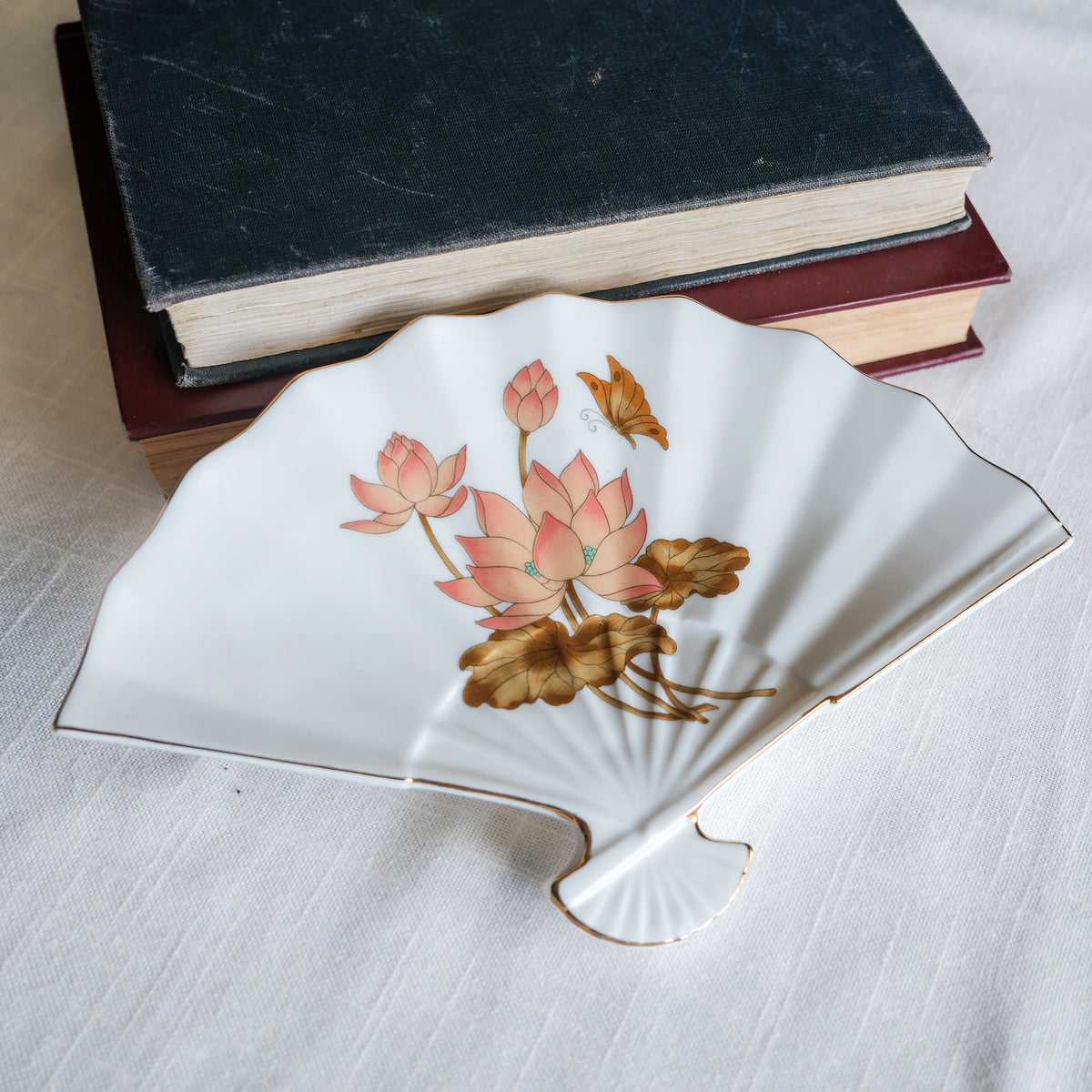 Vintage Japanese White Porcelain Fan-Shaped Trinket Dish Lotus & Butterfly with Gold Trim
