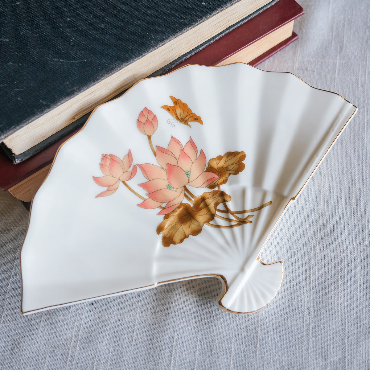 Vintage Japanese White Porcelain Fan-Shaped Trinket Dish Lotus & Butterfly with Gold Trim
