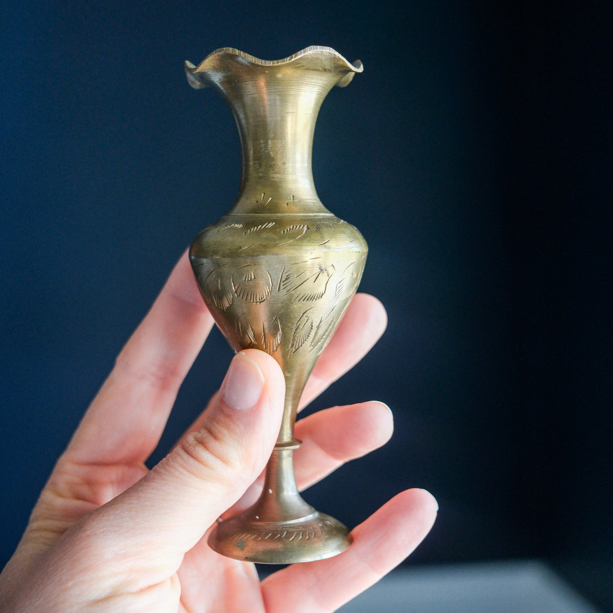 Pair of Mid Century Modern Solid Brass Bud Vase Petite Candle Stick on Pedestal Hand-Etched Design (Set of 2)