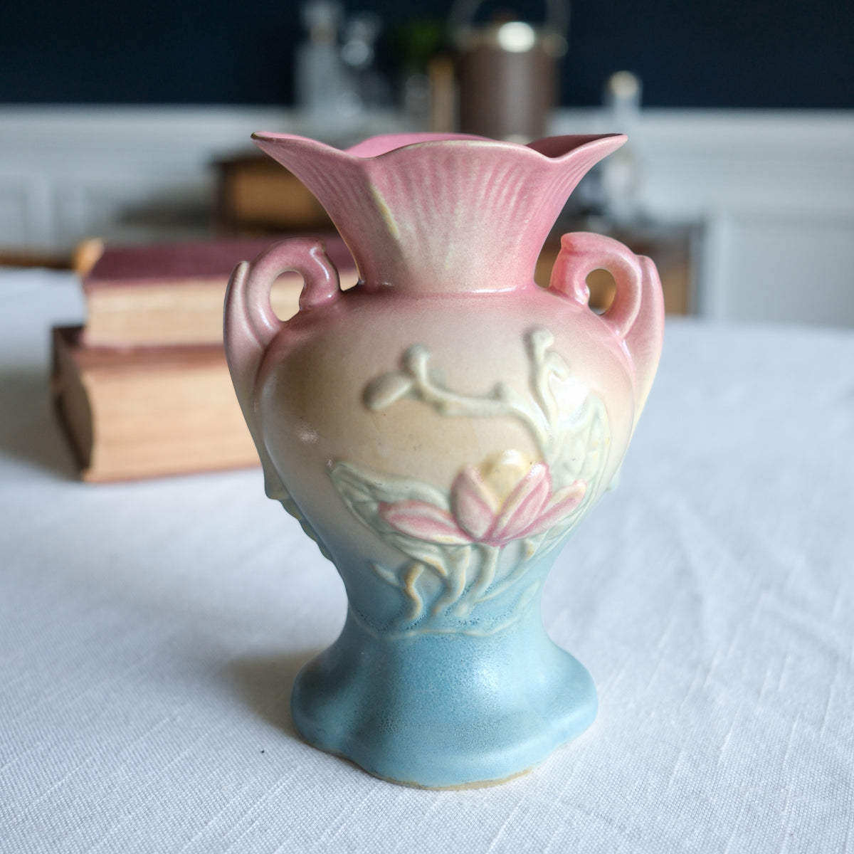 1940s Hull Petite Vase Pastel Pink Yellow Blue Magnolia Embossed Floral Design Double Handle