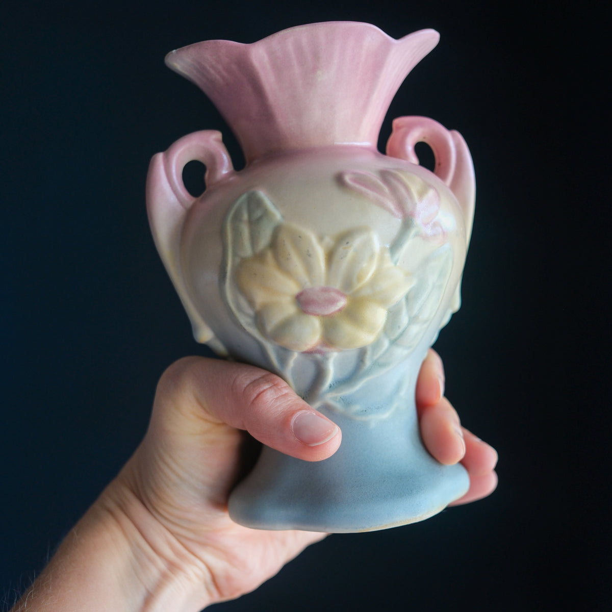 1940s Hull Petite Vase Pastel Pink Yellow Blue Magnolia Embossed Floral Design Double Handle