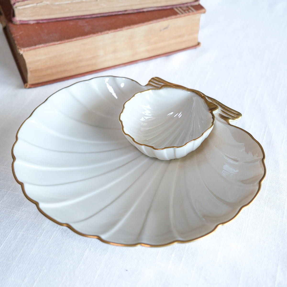 Vintage Lenox Aegean Collection Double Clam Shell Chip and Dip Dish with 24k Gold Edge Trim