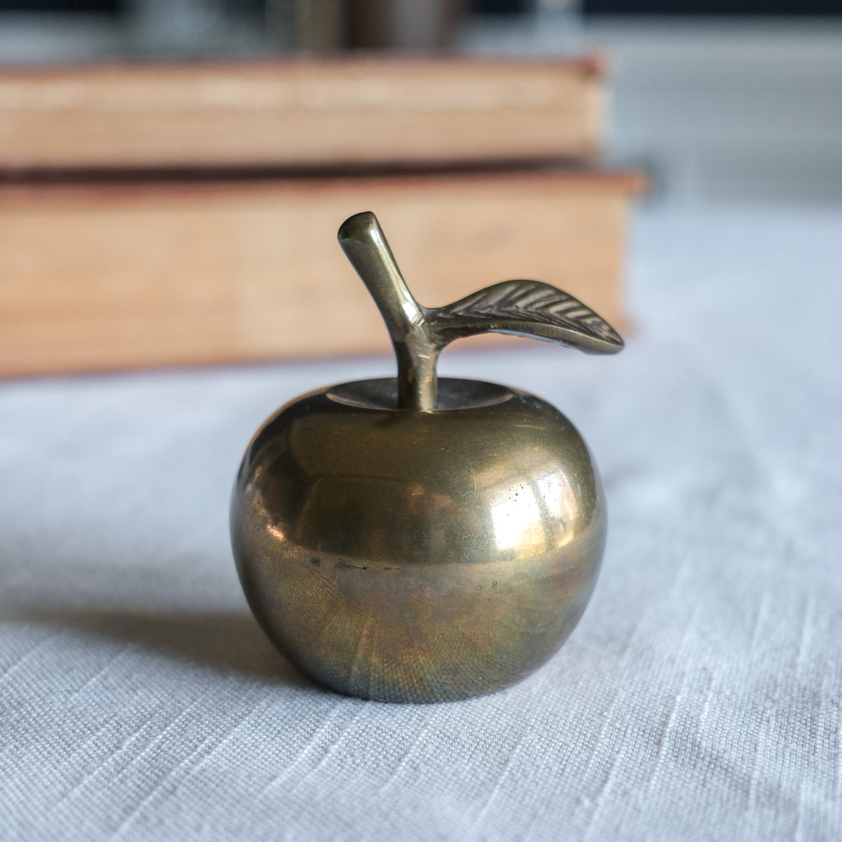 Vintage Brass Apple Desk Bell Paperweight with Leaf Handle