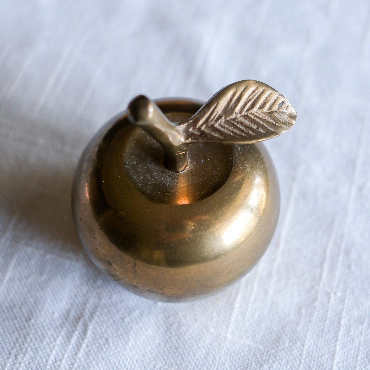 Vintage Brass Apple Desk Bell Paperweight with Leaf Handle