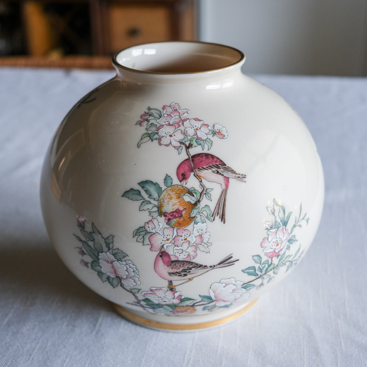 Vintage Lenox Serenade Globe Vase 24k Gold Trim Pink Ivory Birds Floral