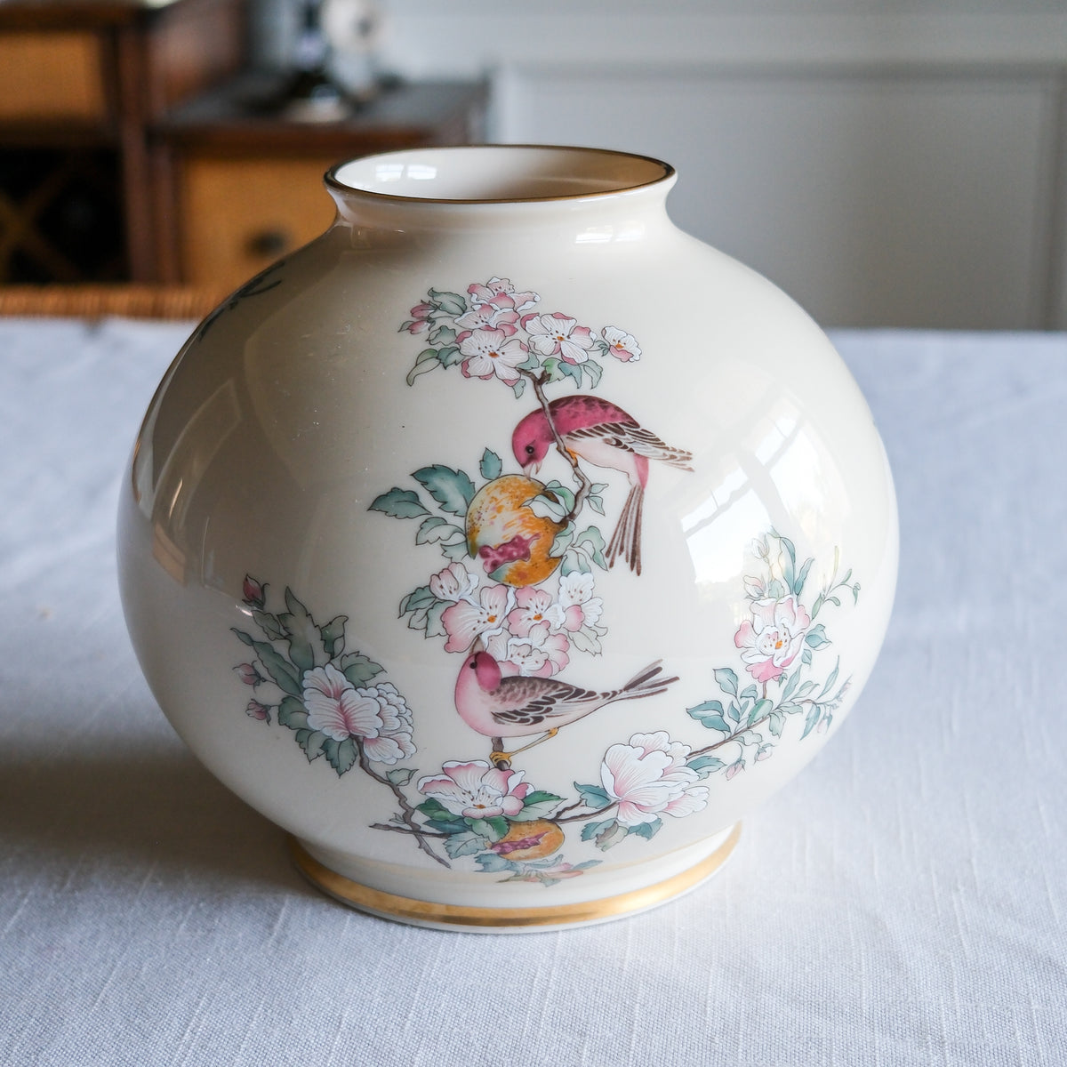 Vintage Lenox Serenade Globe Vase 24k Gold Trim Pink Ivory Birds Floral