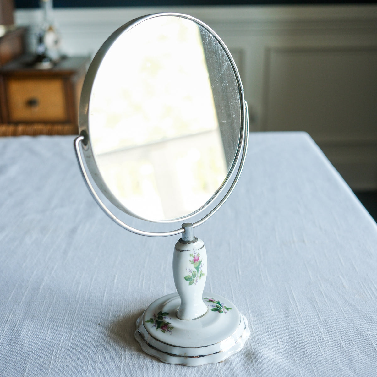 Vintage Porcelain Standing Swivel Vanity Mirror on Pedestal Pink Rose Floral Design Silver Trim