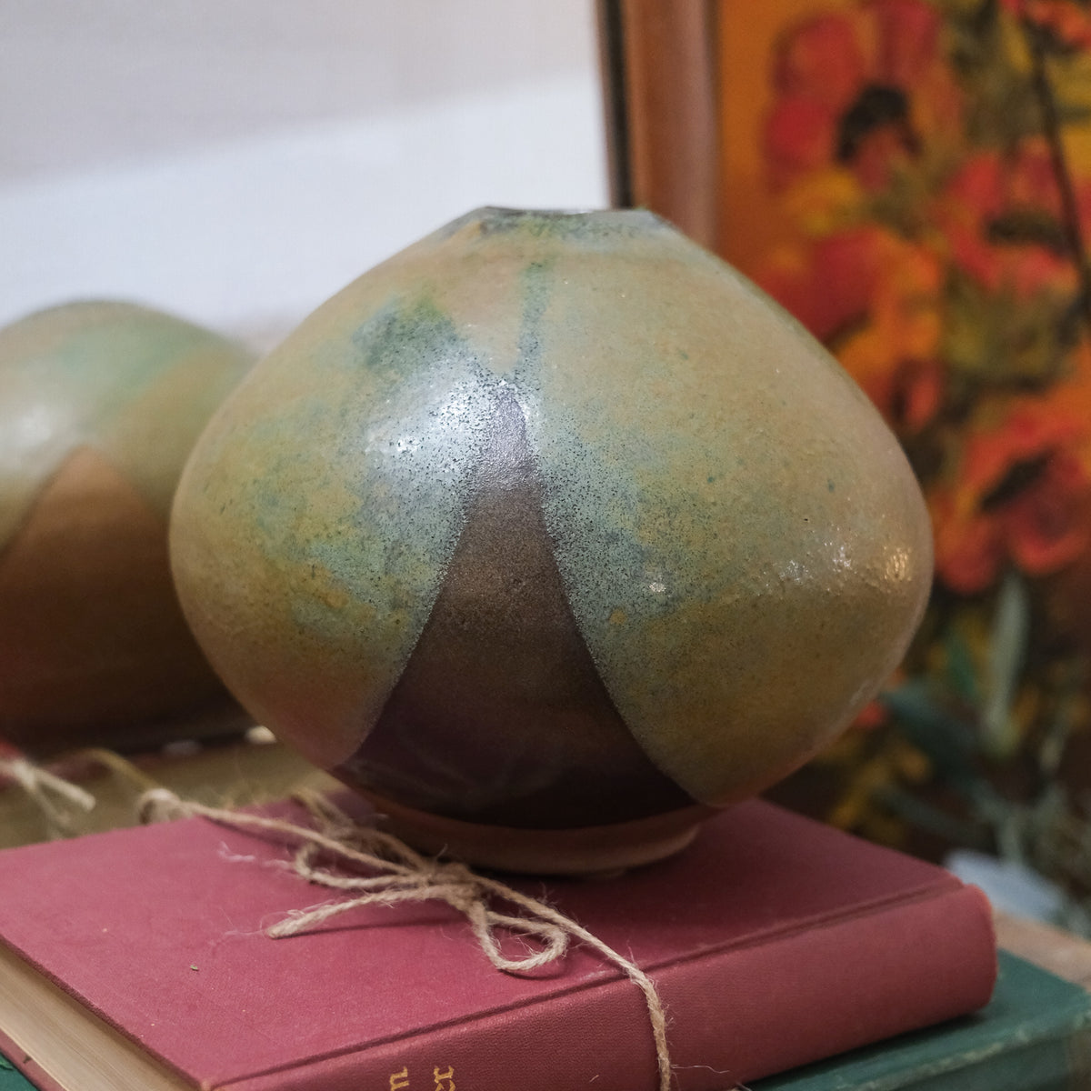 Round Glazed Pottery Vessel Green Brown Vase