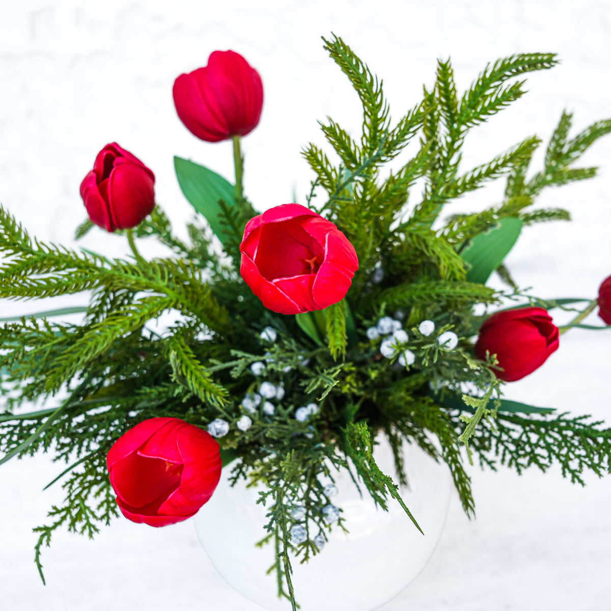 Red Tulip, Juniper & Pine Holiday Petite Bouquet Drop In