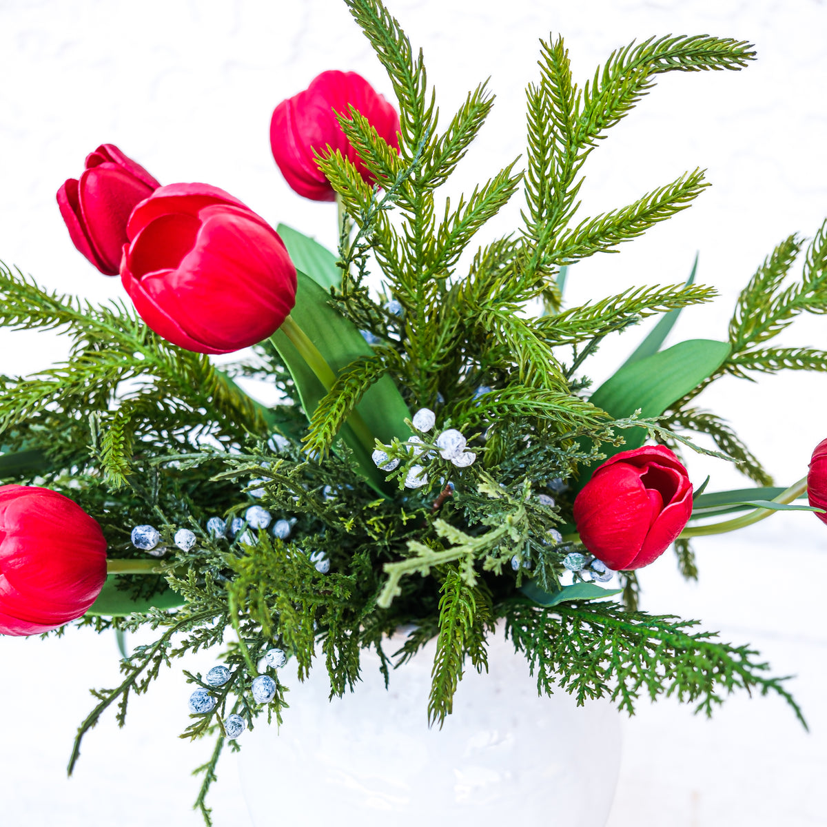Red Tulip, Juniper & Pine Holiday Petite Bouquet Drop In