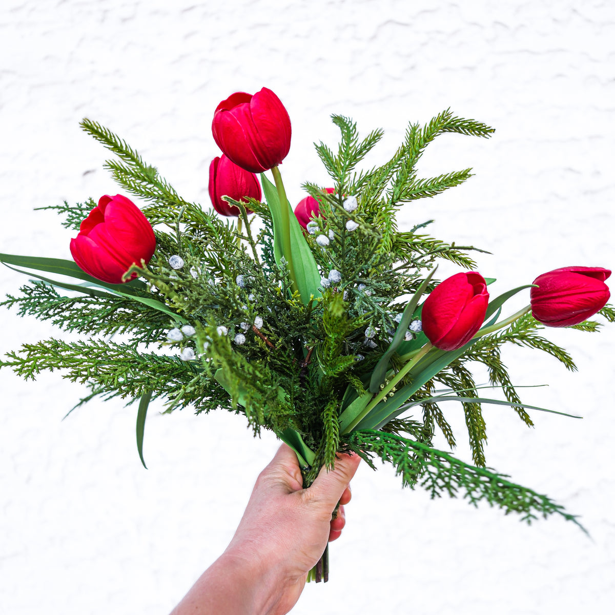 Red Tulip, Juniper & Pine Holiday Petite Bouquet Drop In