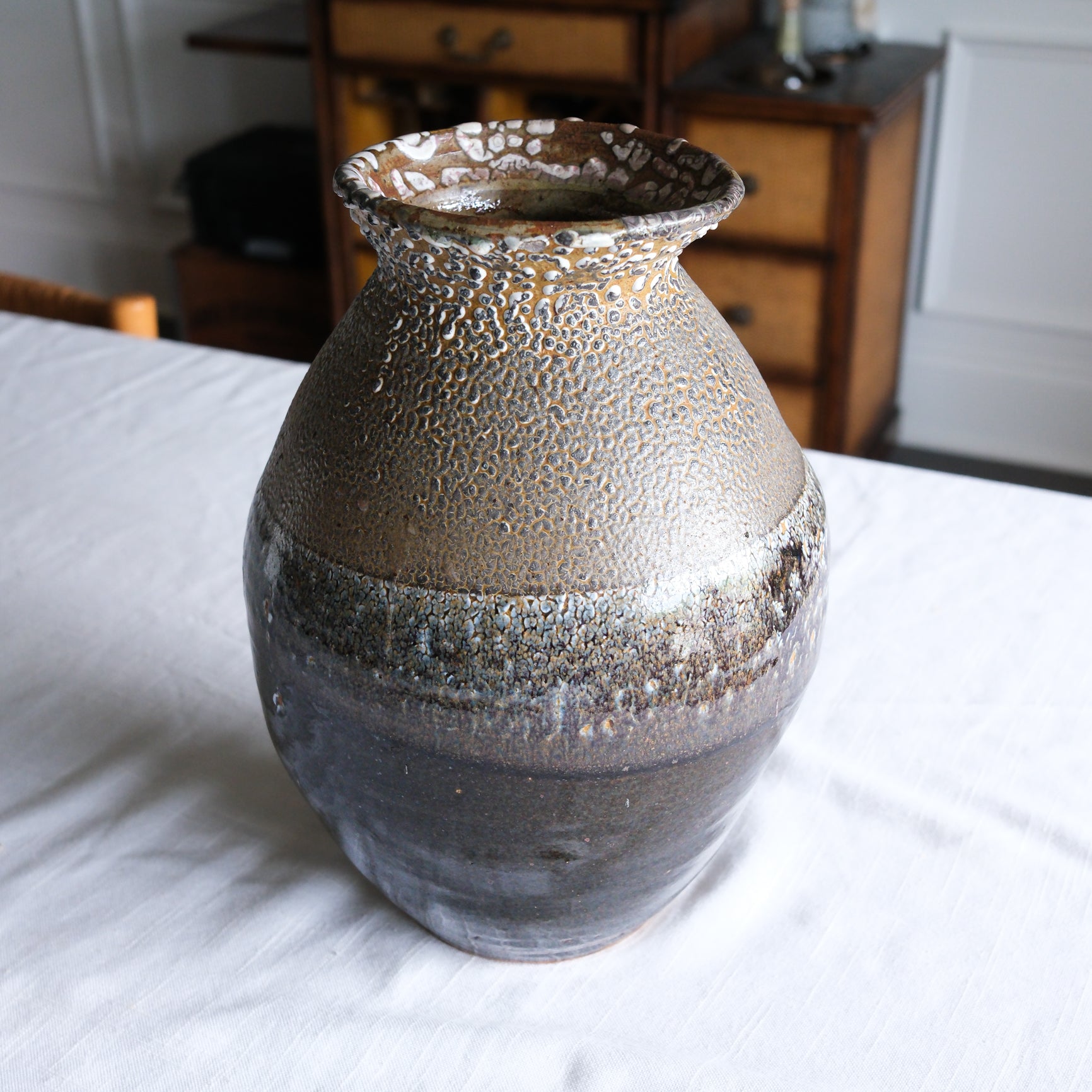 Signed Vintage Two-Toned Pottery Vase Large Stone Brown Black Grey