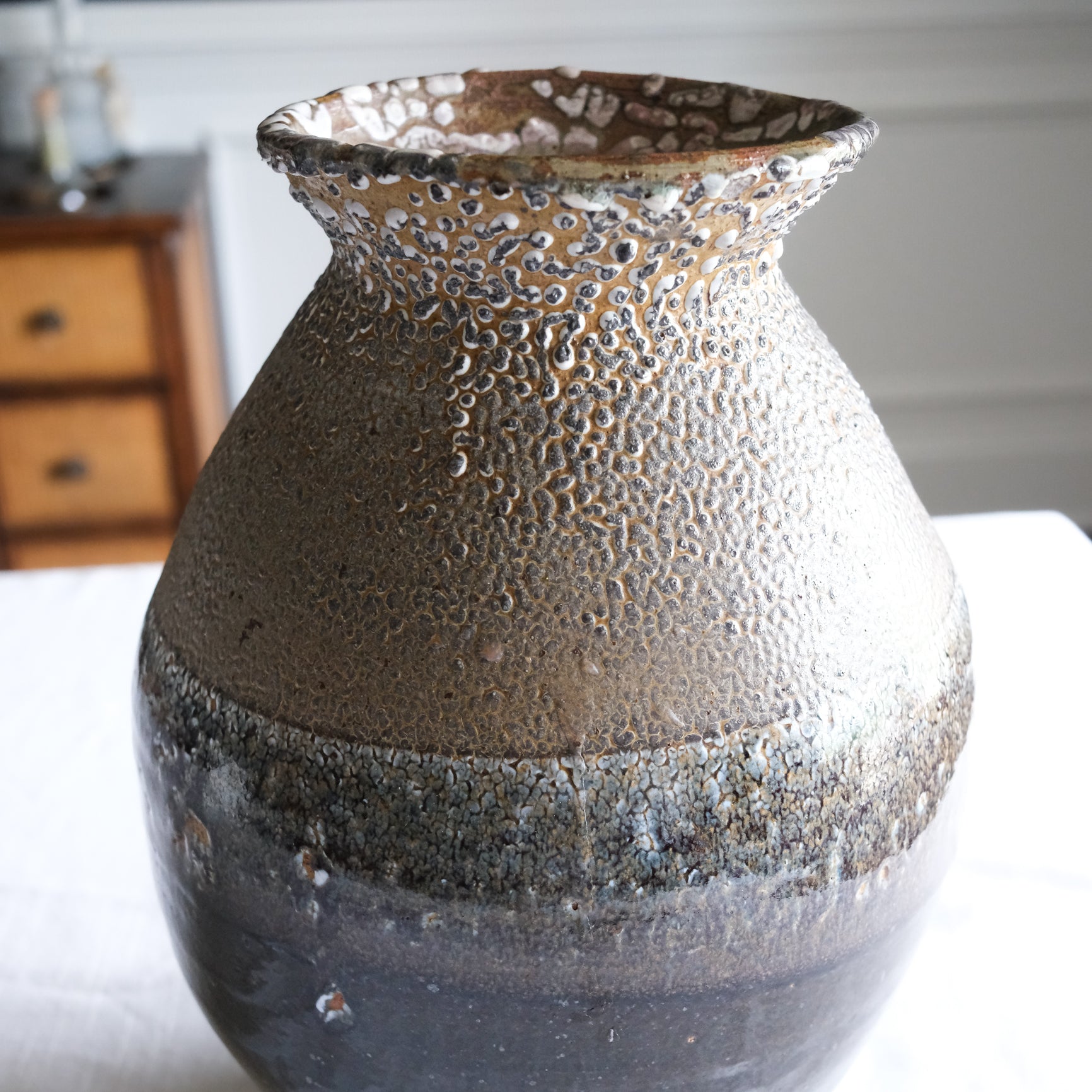 Signed Vintage Two-Toned Pottery Vase Large Stone Brown Black Grey