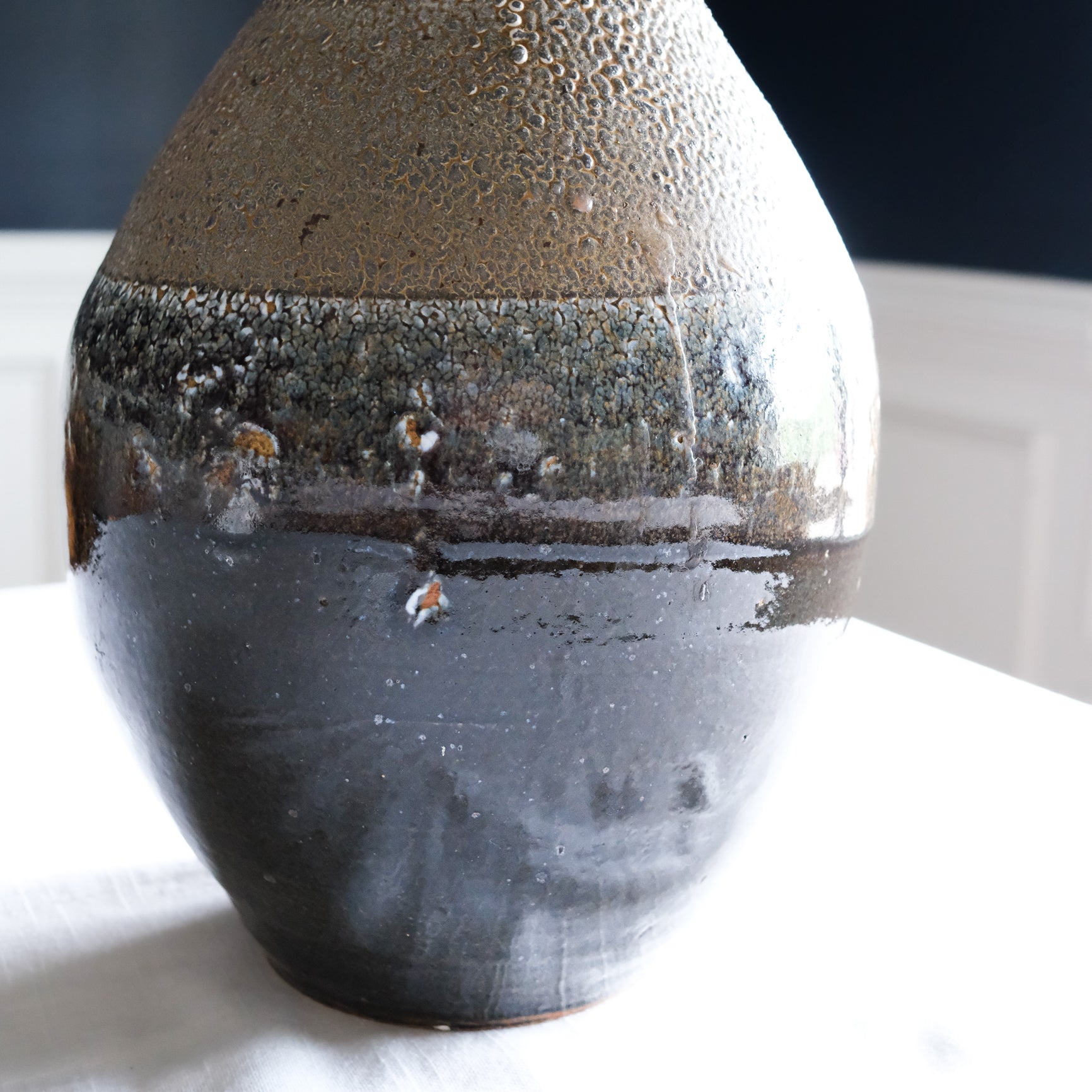 Signed Vintage Two-Toned Pottery Vase Large Stone Brown Black Grey