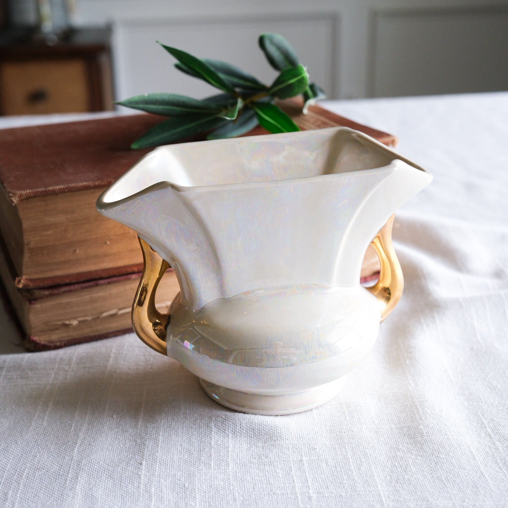 Vintage Petite Iridescent Pearl Glazed Elongated Vase with Gold Handles
