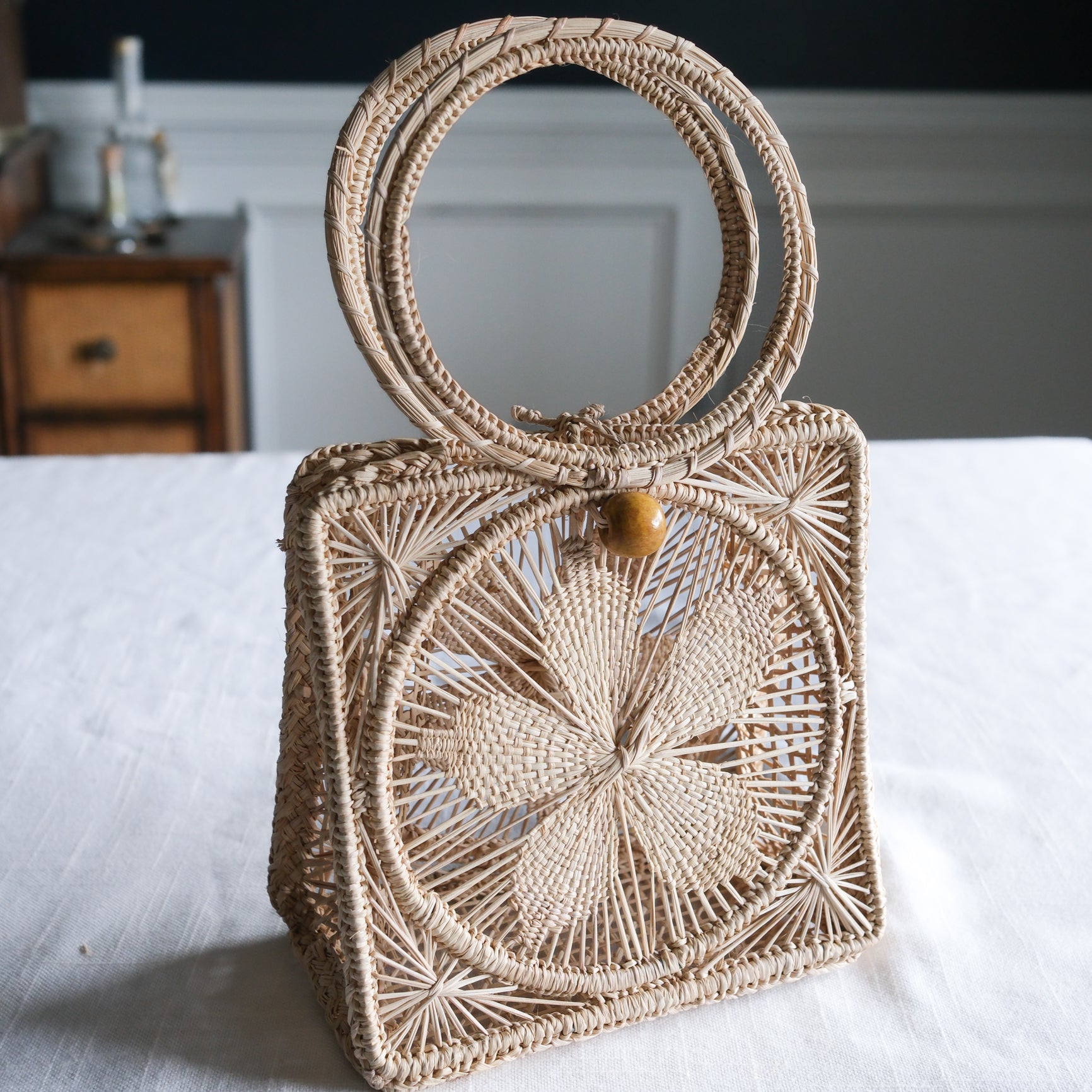 Handmade Natural Straw Petite Floral Purse with Circle Handle