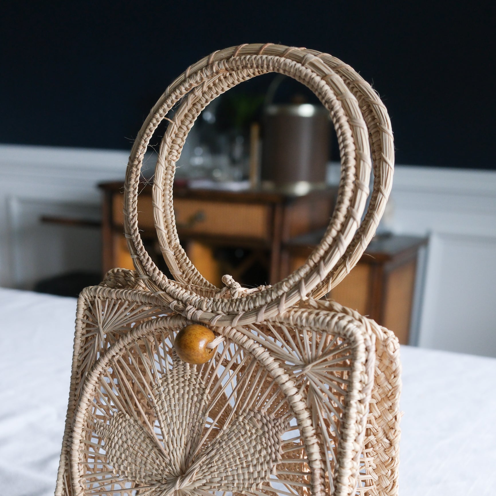 Handmade Natural Straw Petite Floral Purse with Circle Handle