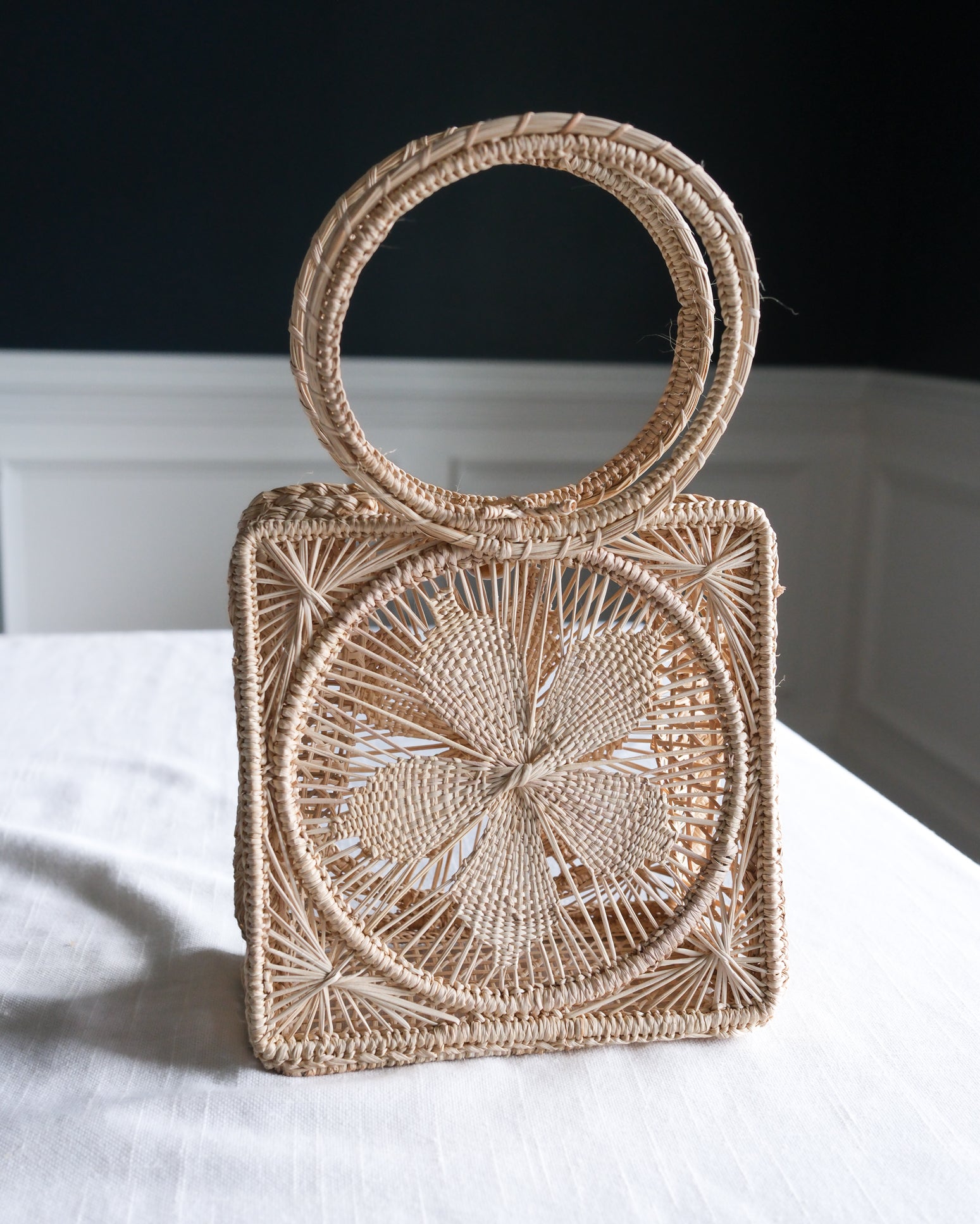 Handmade Natural Straw Petite Floral Purse with Circle Handle