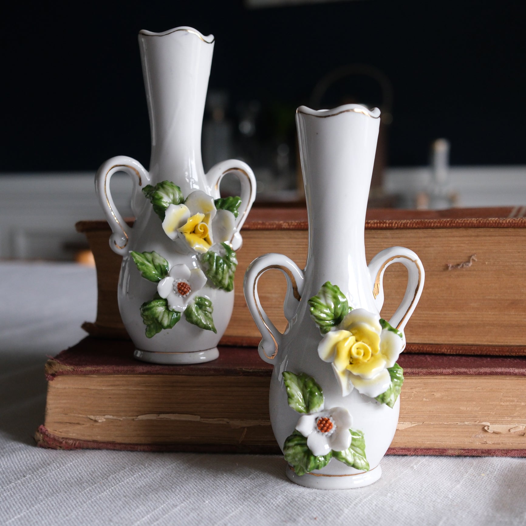 Vintage Petite White Ceramic Floral Bud Vase with Gold Detailing Yellow Green