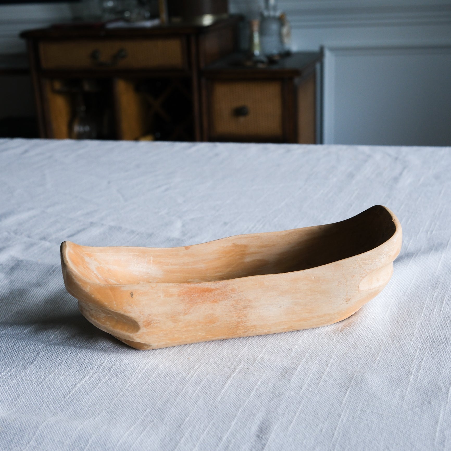 Petite Hand-Carved Light Wooden Boat Planter