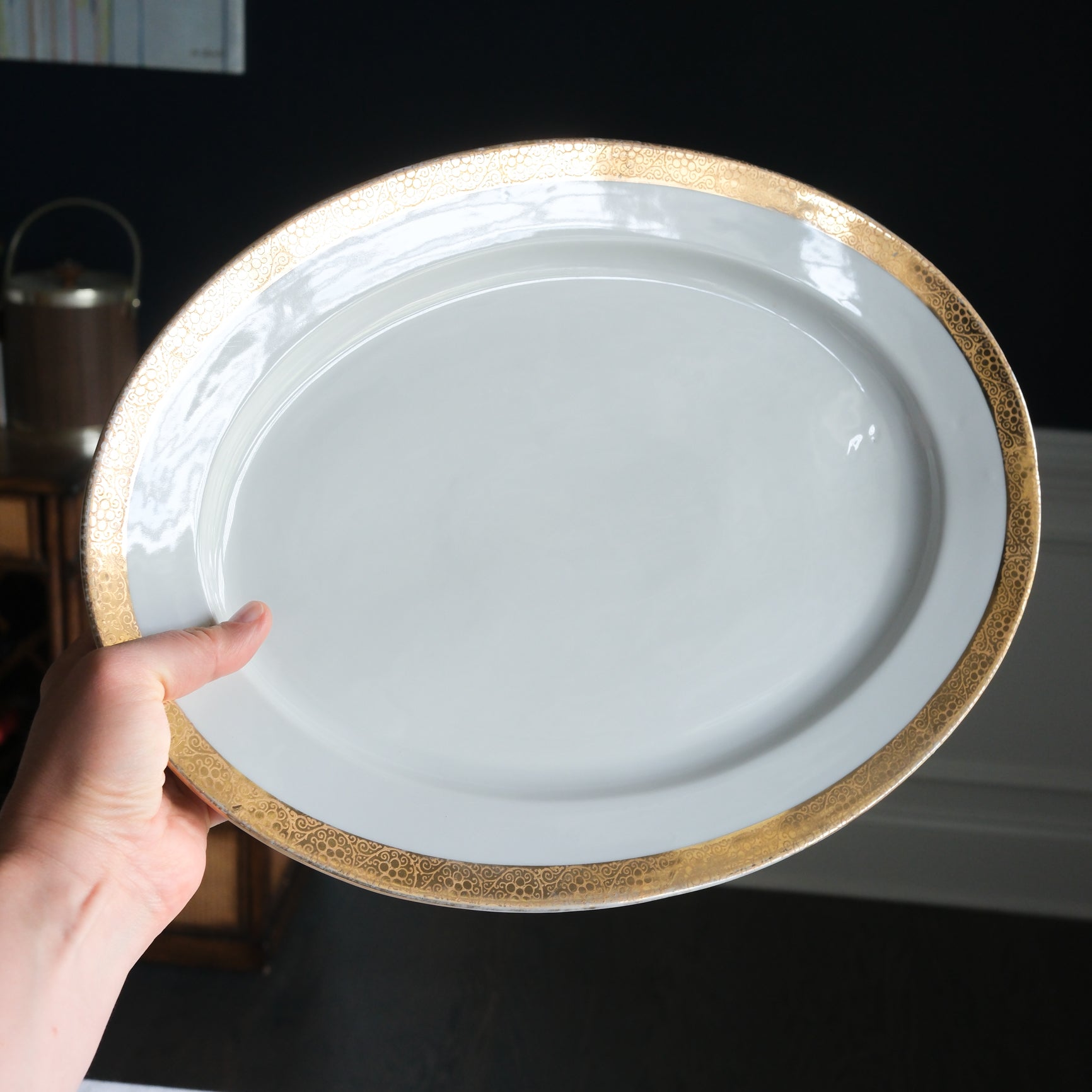 Vintage Heinrich H&C White Ceramic Large Oval Serving Platter with Gold Trim 16"L
