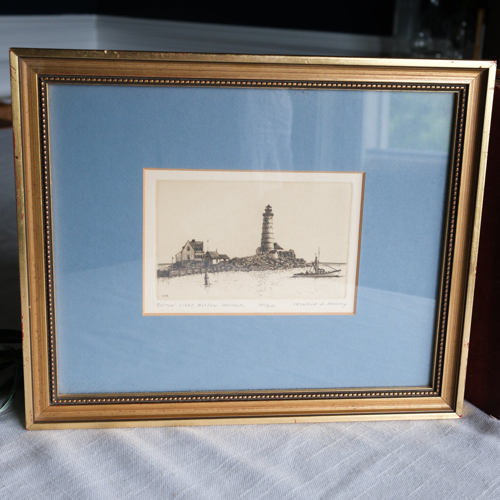 Vintage Matted Lighthouse Black and White Etching Print by Leonard H. Mersky Blue and Gold