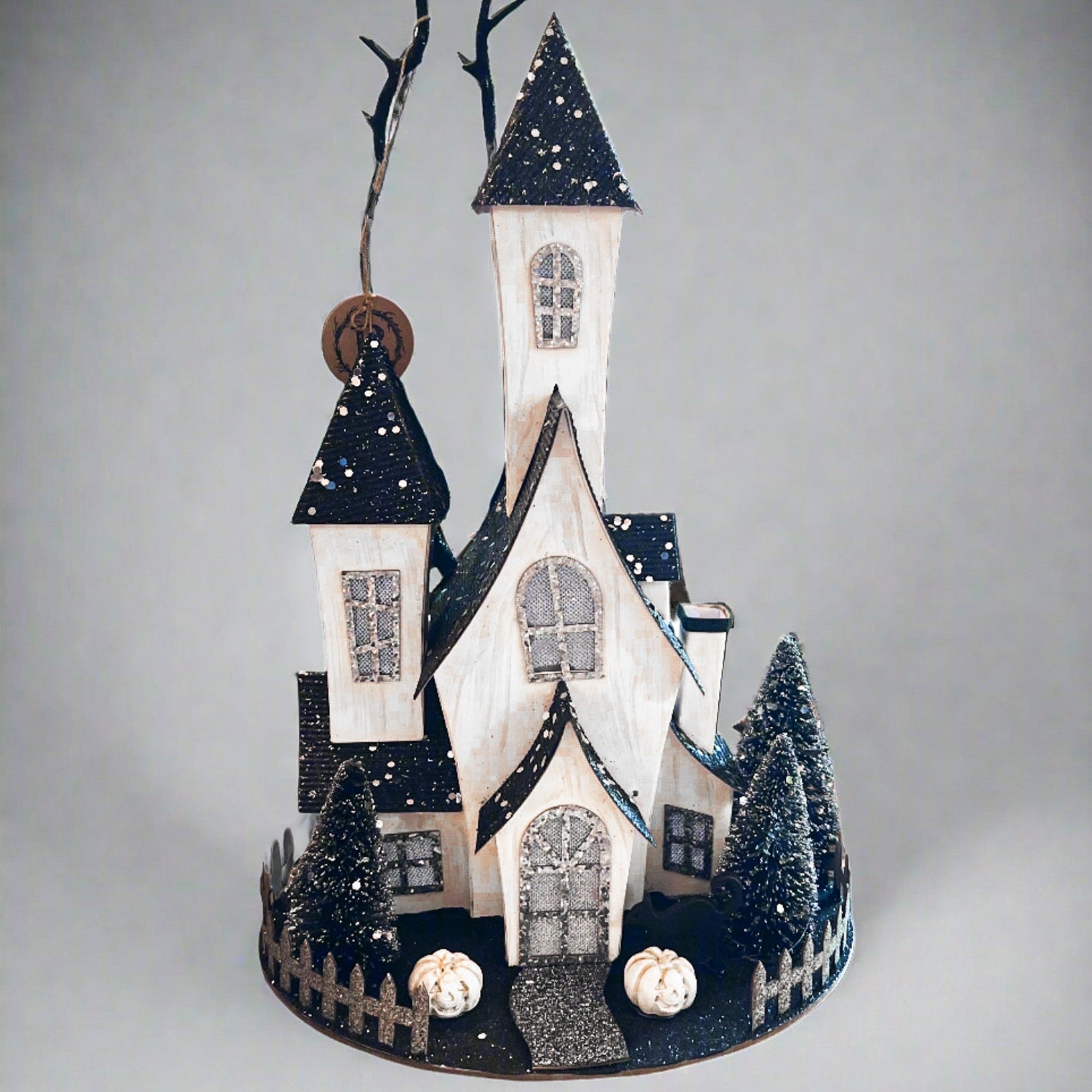 Haunted Mansion Glitter Gray and Black with Pumpkins Cardboard LED with Timer