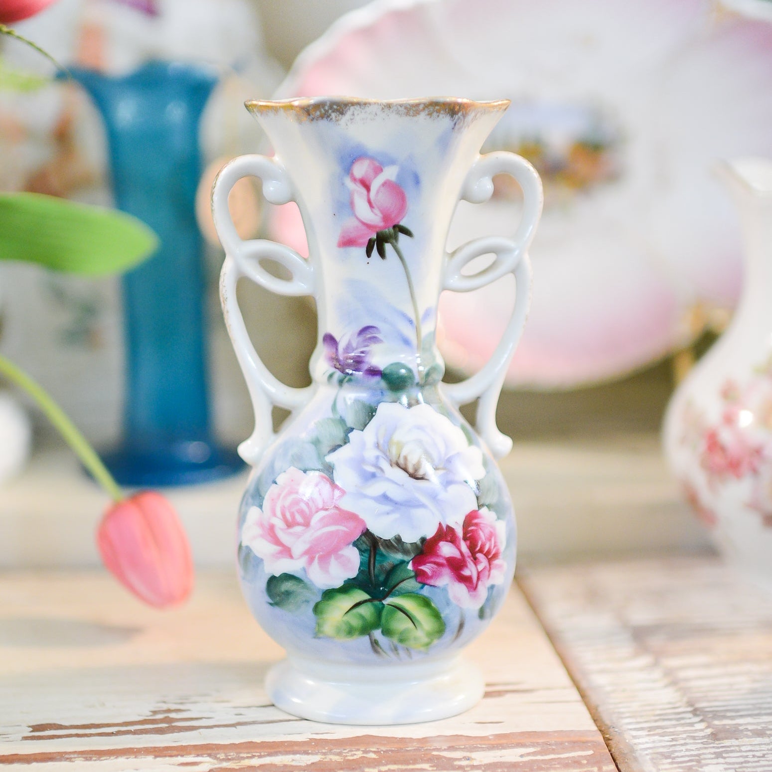 Antique Porcelain Flowered Gold Trimmed Vase with Scrolled Handles