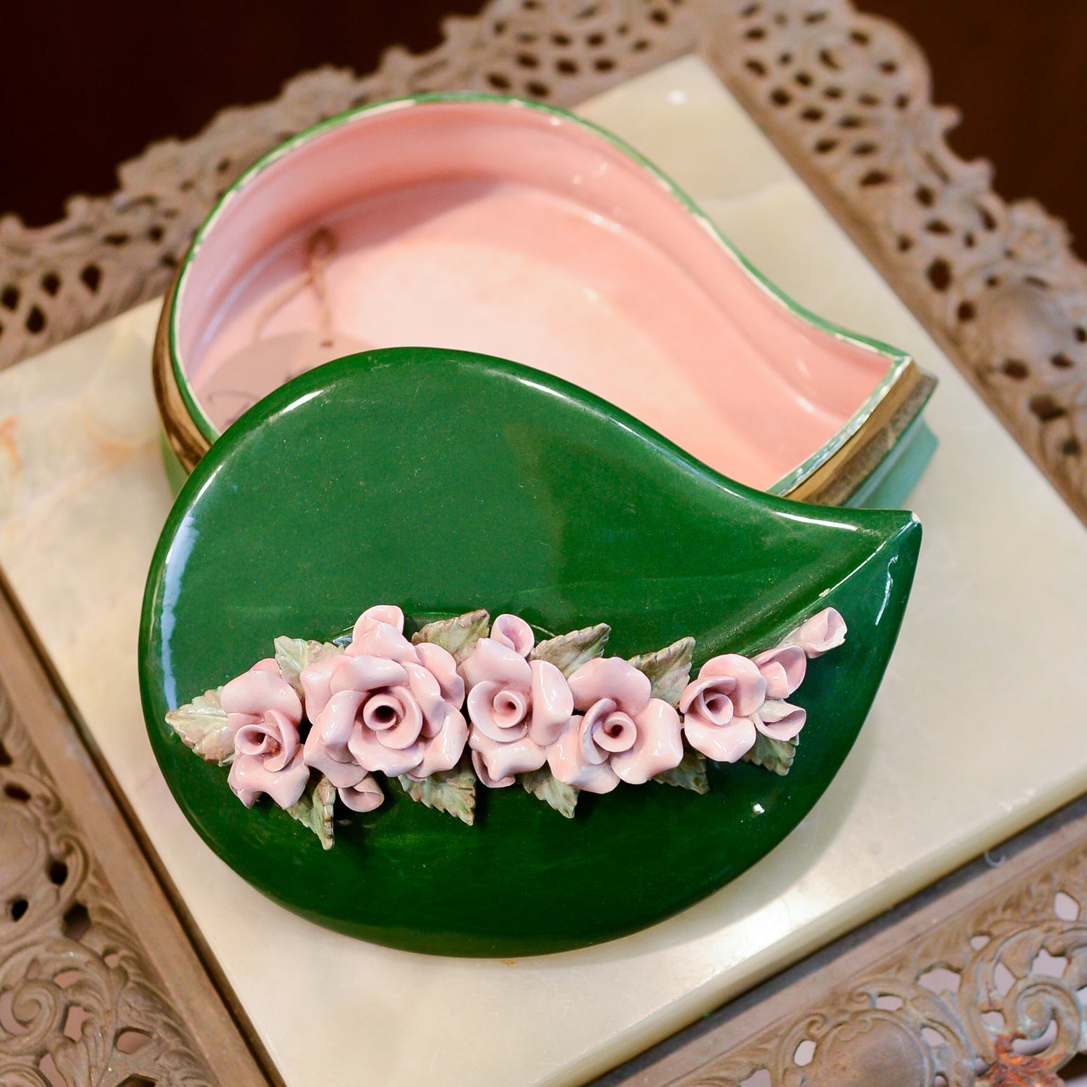 Porcelain Green and Gold Trimmed Jewelry Box with Raised Row of Pink Flowers