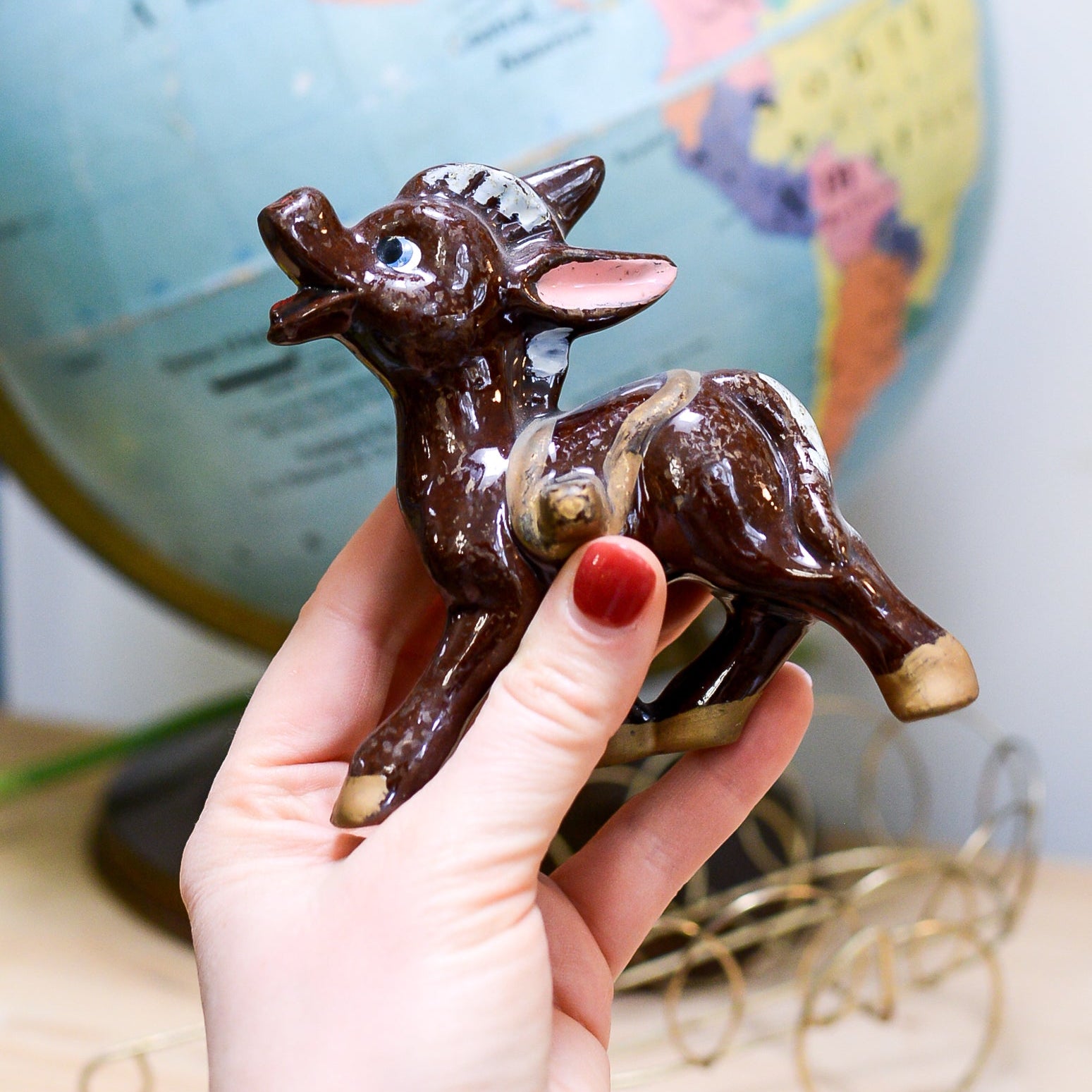Vintage Porcelain Donkey & Wire Brass Cart