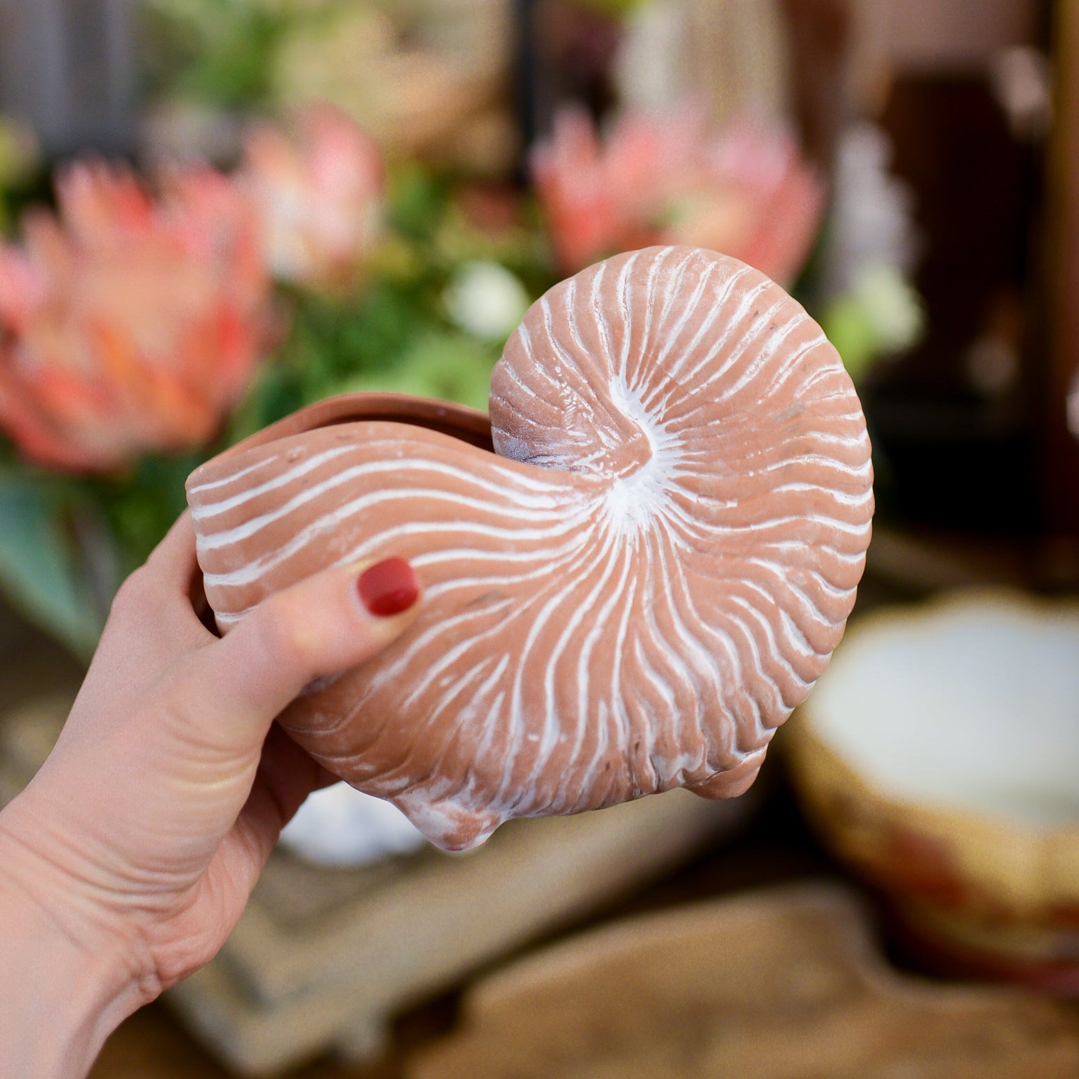 Vintage Rust Pink Shell Clay Footed Planter