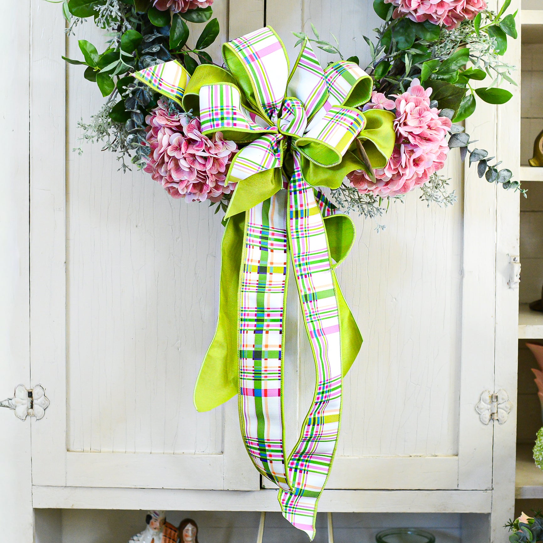 Lime Green & Pink White Spring Plaid Hand-Tied Bow