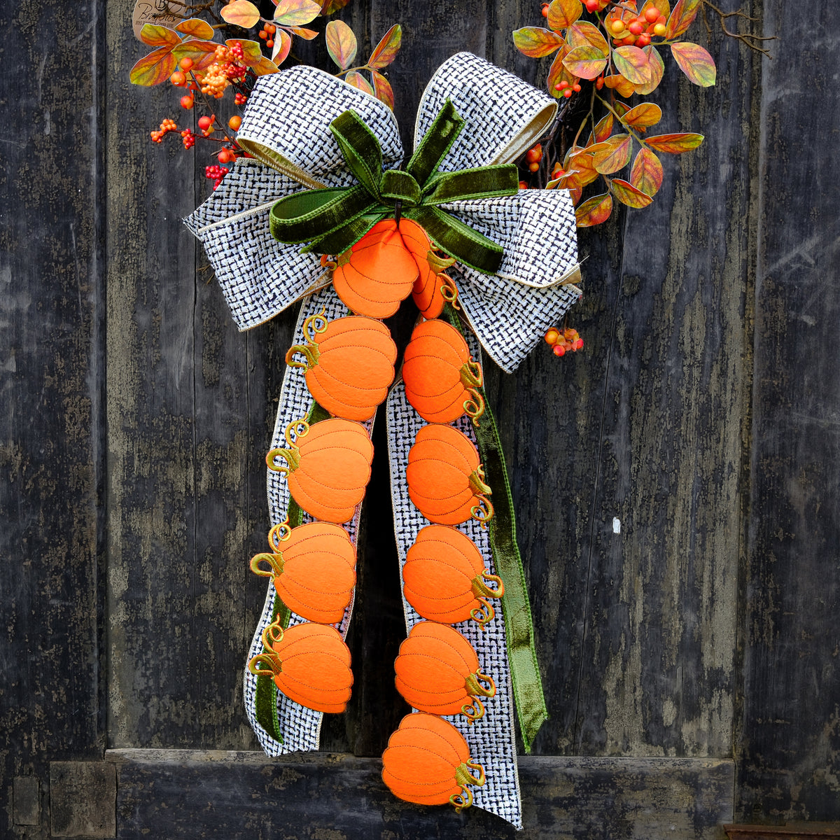 Hand-Tied Pumpkin Tweed & Green Velvet Bow
