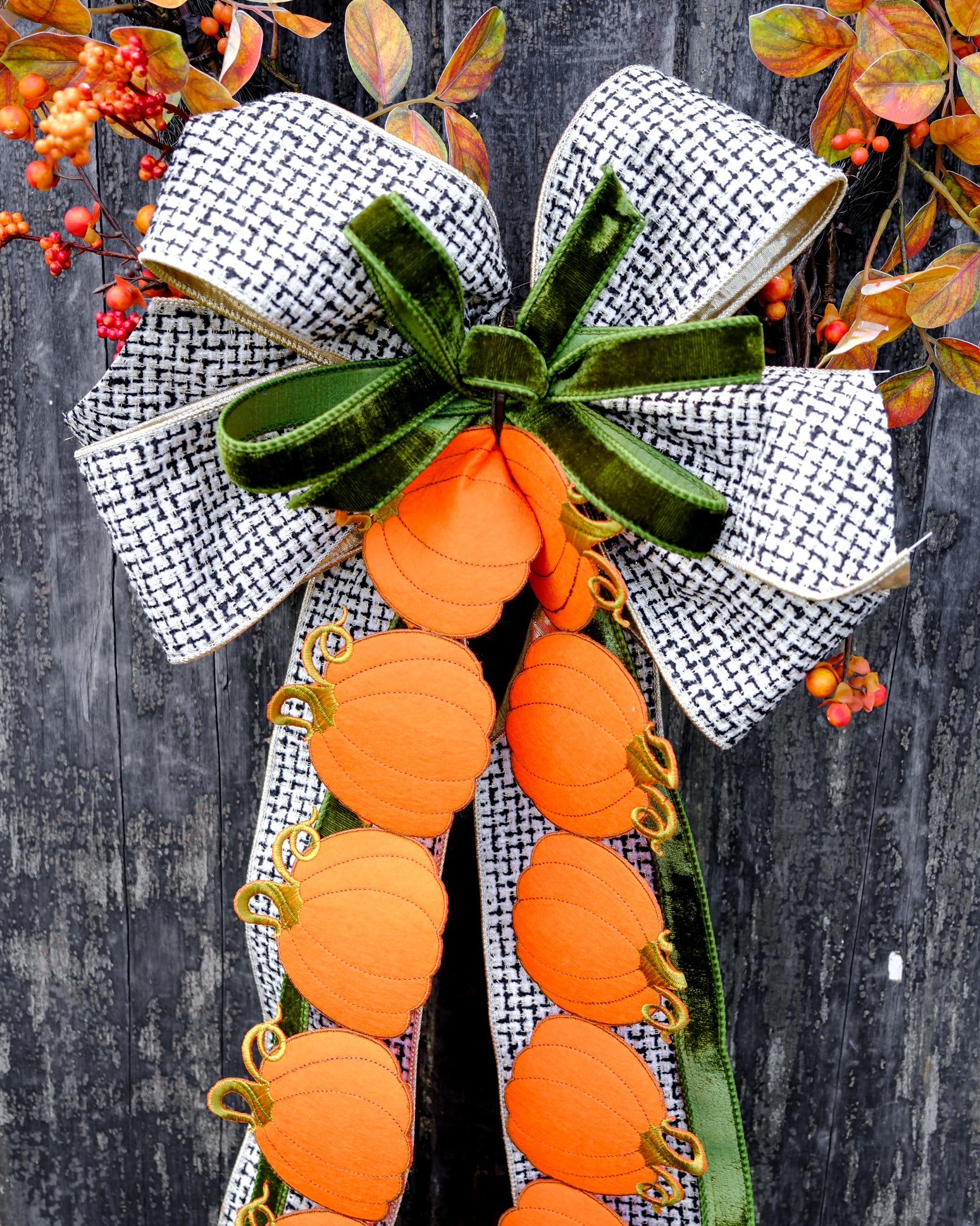 Hand-Tied Pumpkin Tweed & Green Velvet Bow