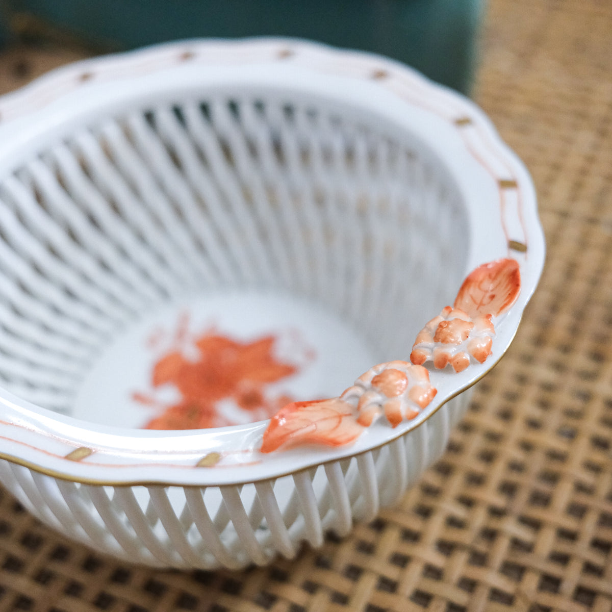 Vintage Herend Coral White Gold Edged Lattice Autumn Porcelain Bowl