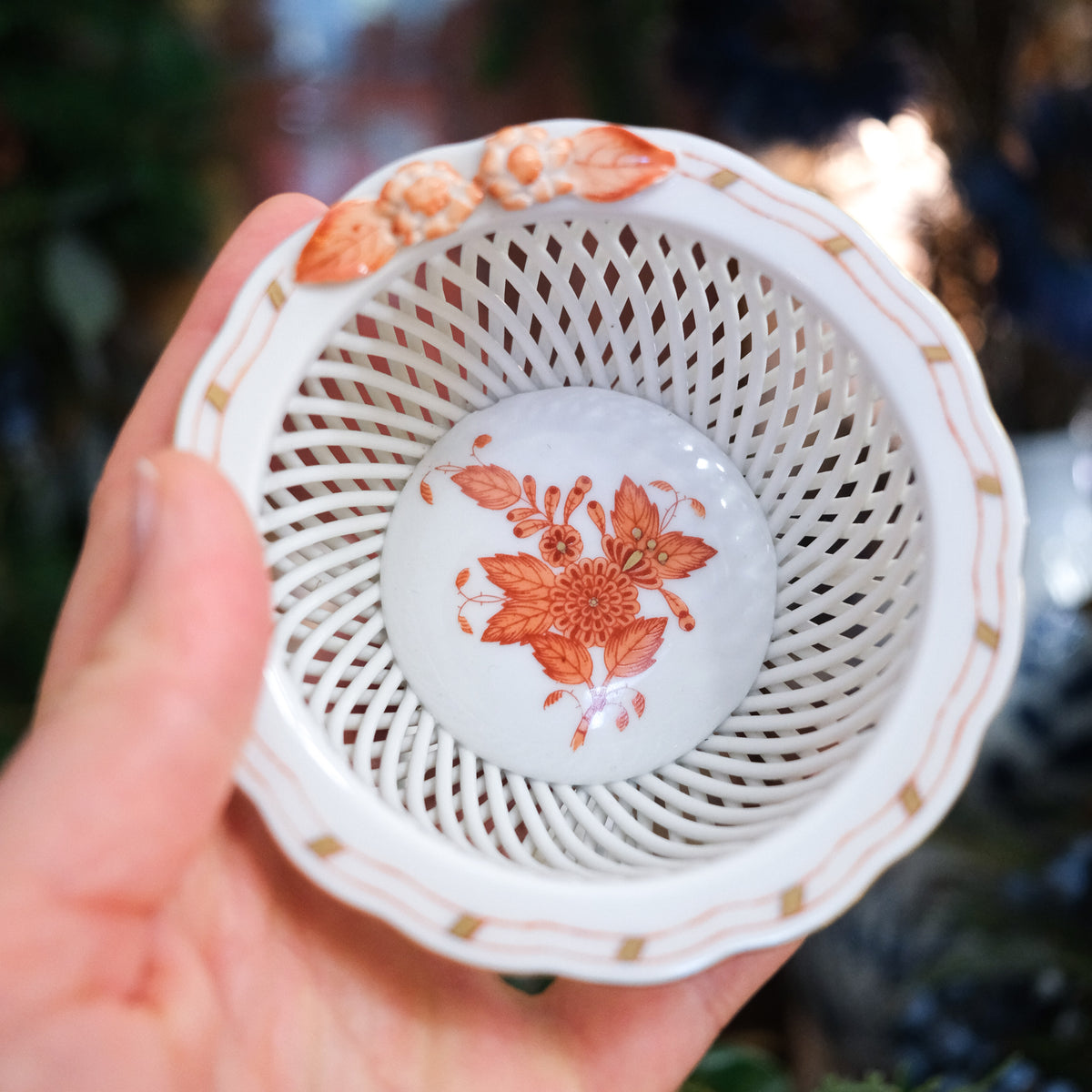 Vintage Herend Coral White Gold Edged Lattice Autumn Porcelain Bowl