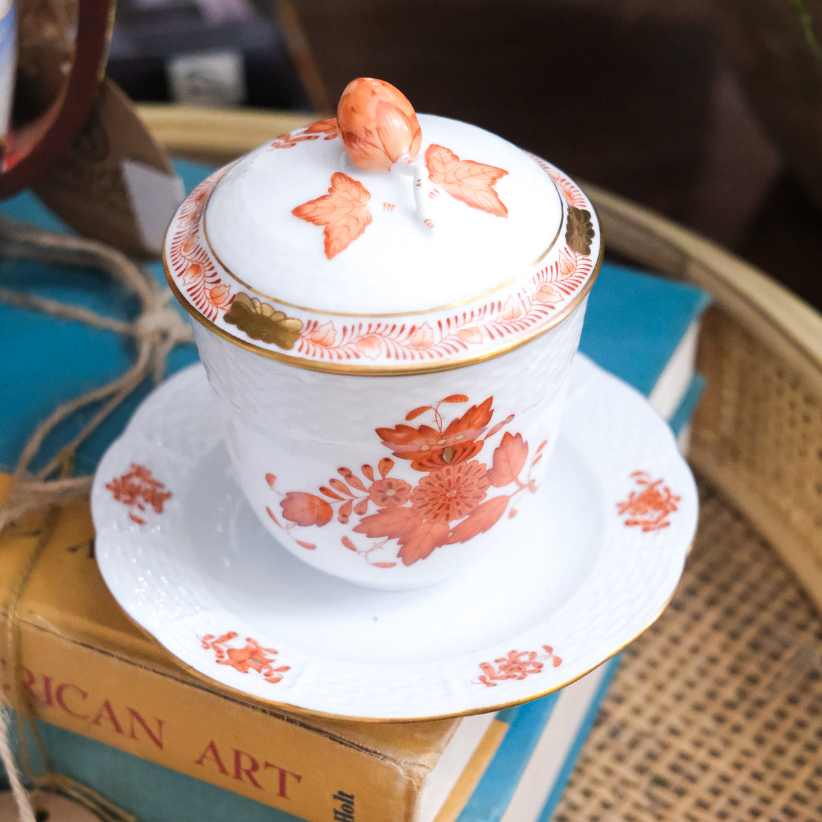 Vintage Herend Jelly Pot Au Pate de Creme Coral White Gold Edged Porcelain