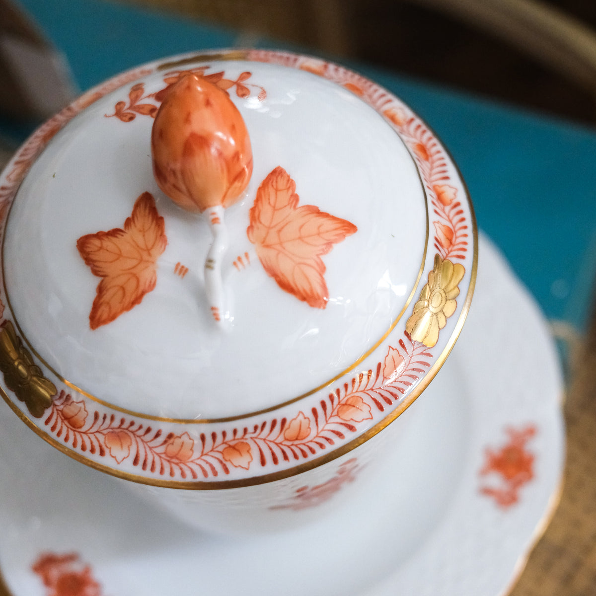Vintage Herend Jelly Pot Au Pate de Creme Coral White Gold Edged Porcelain